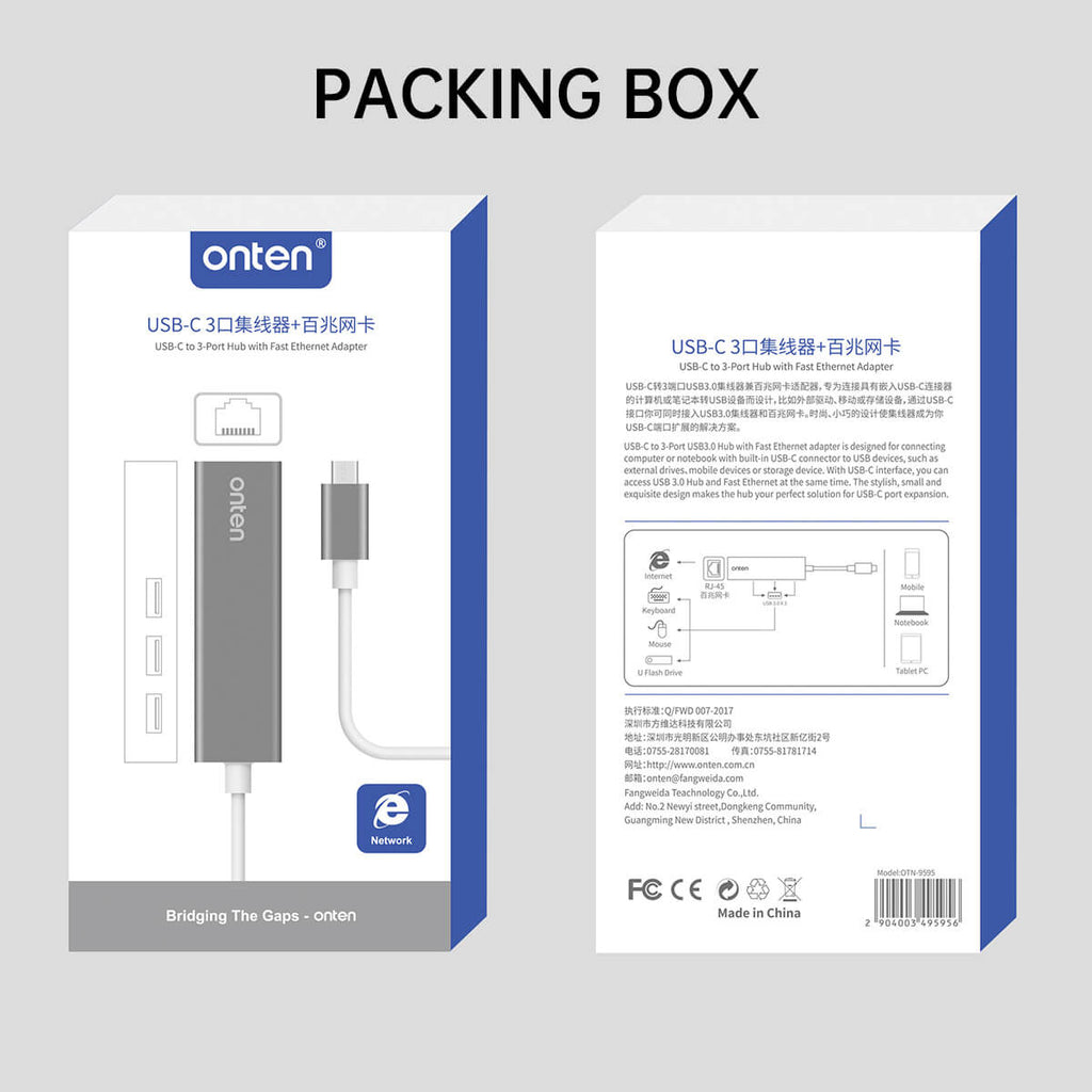 Onten 9593 USB-C to 3-Port Hub with Fast Ethernet Adapter - Hugmie