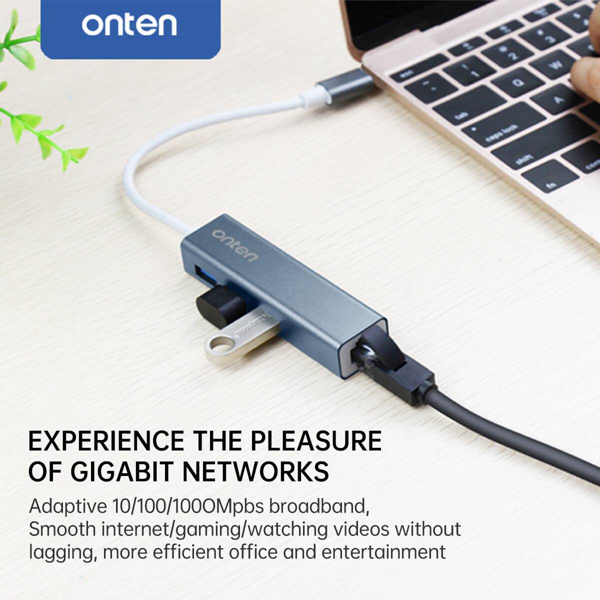 Onten 9593 USB-C hub connected to a laptop, enabling fast Ethernet and multiple USB device connections for seamless office and entertainment use.