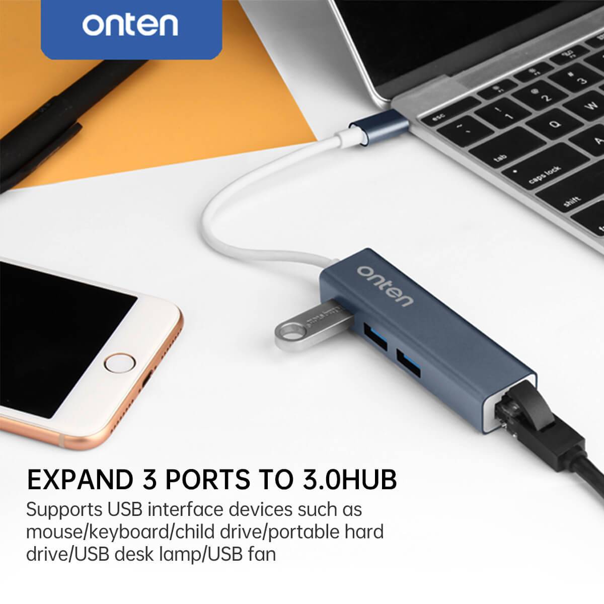 Onten 9593 USB-C to 3-Port Hub expanding connectivity with USB 3.0 ports, supporting peripherals like keyboards, flash drives, and external hard drives.