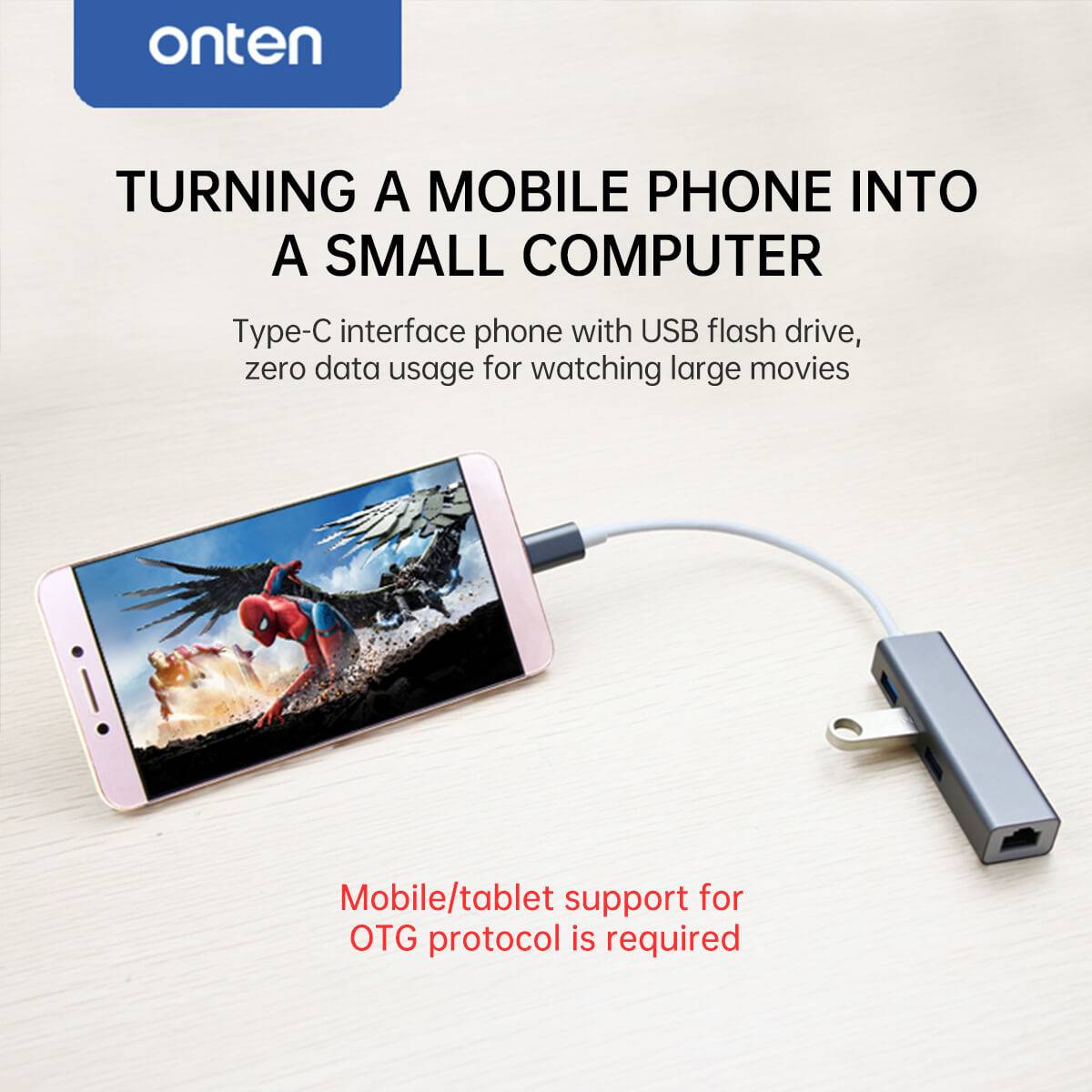 Onten 9593 USB-C hub connected to a smartphone, enabling OTG functionality for watching movies and using USB storage without data usage.