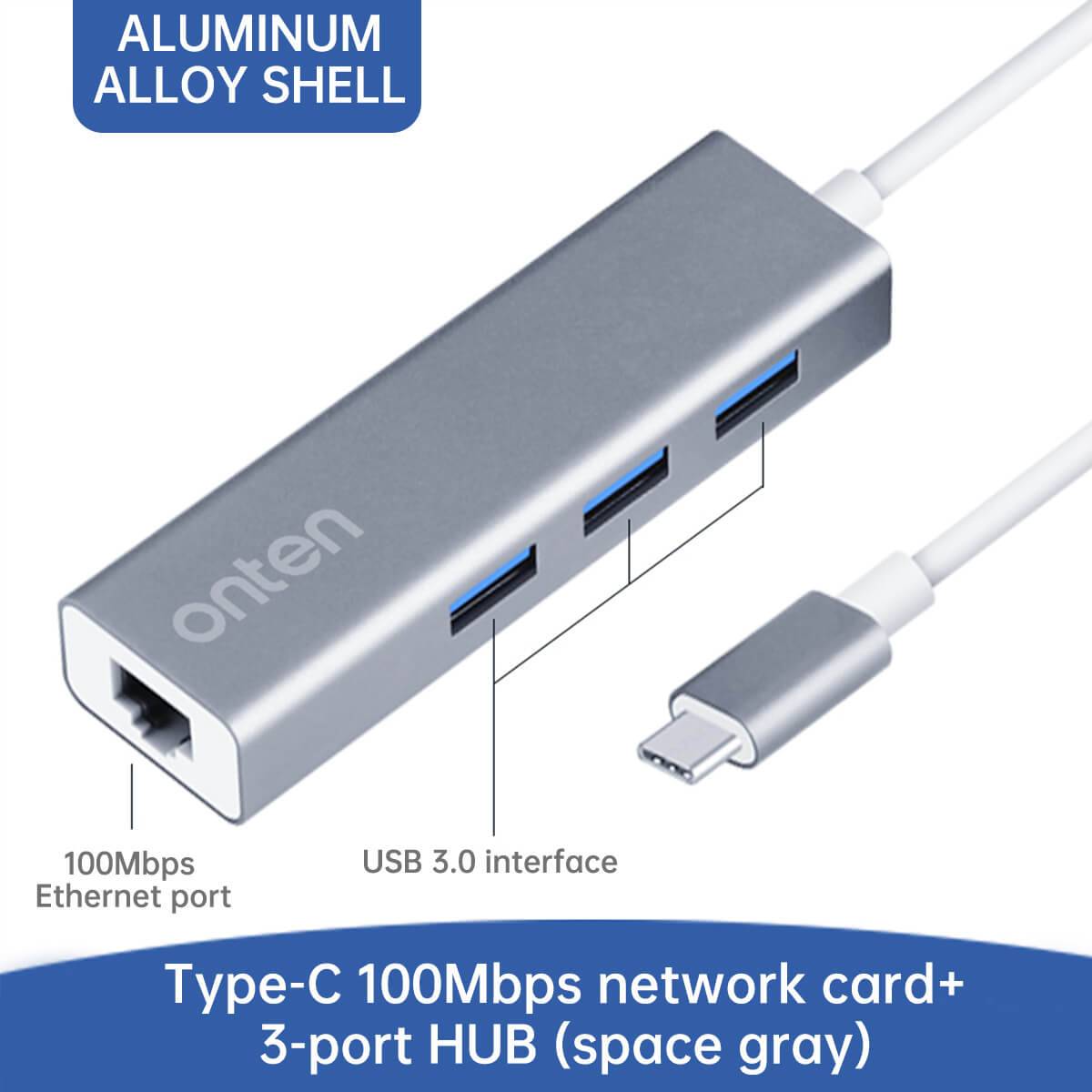 Close-up of the Onten 9593 USB-C to 3-Port Hub with Fast Ethernet Adapter, highlighting its space gray aluminum shell and high-speed connectivity features.