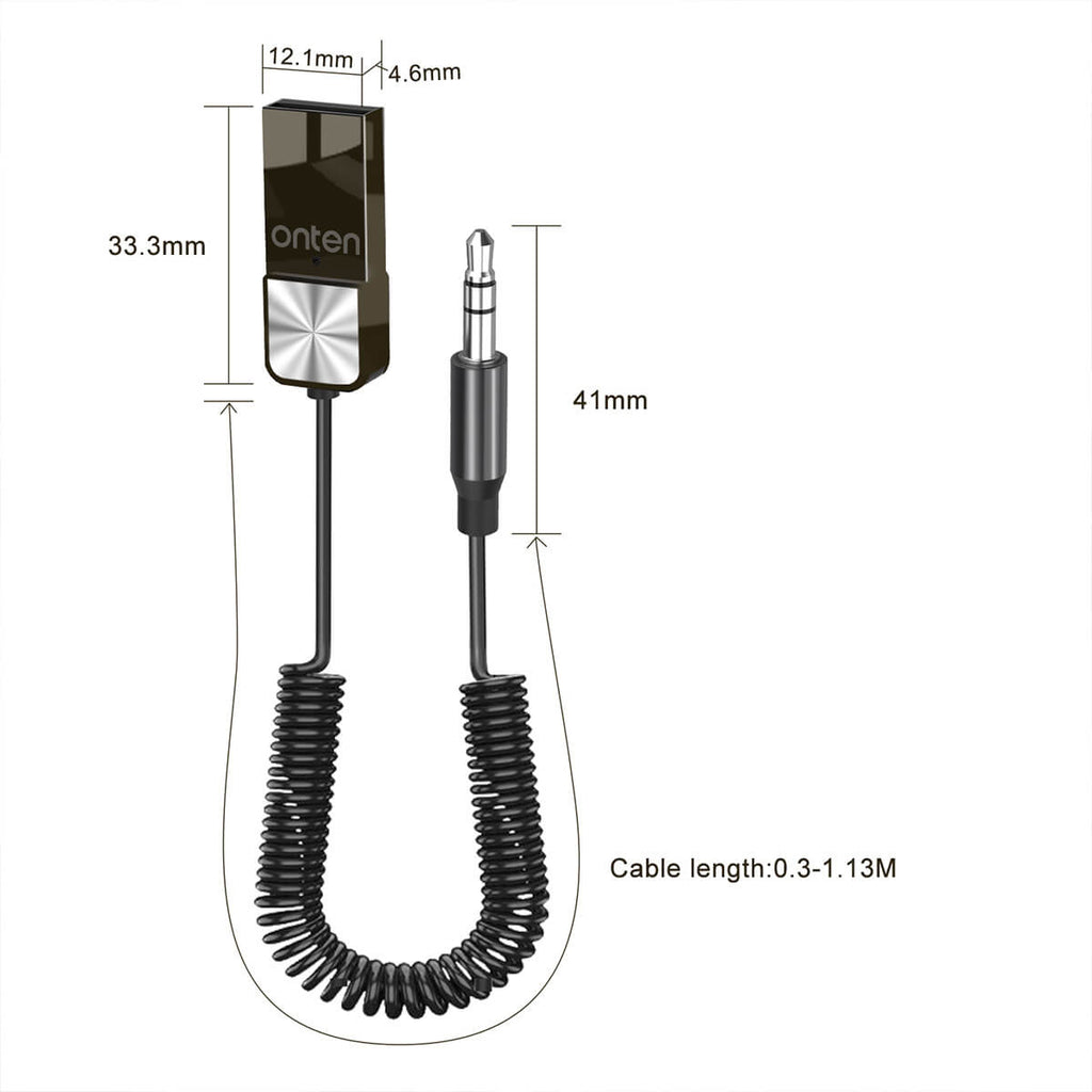 Detailed dimensions of Onten BT101 Wireless Audio Adapter, showcasing compact size and coiled cable. Ideal for portable Bluetooth audio connectivity.