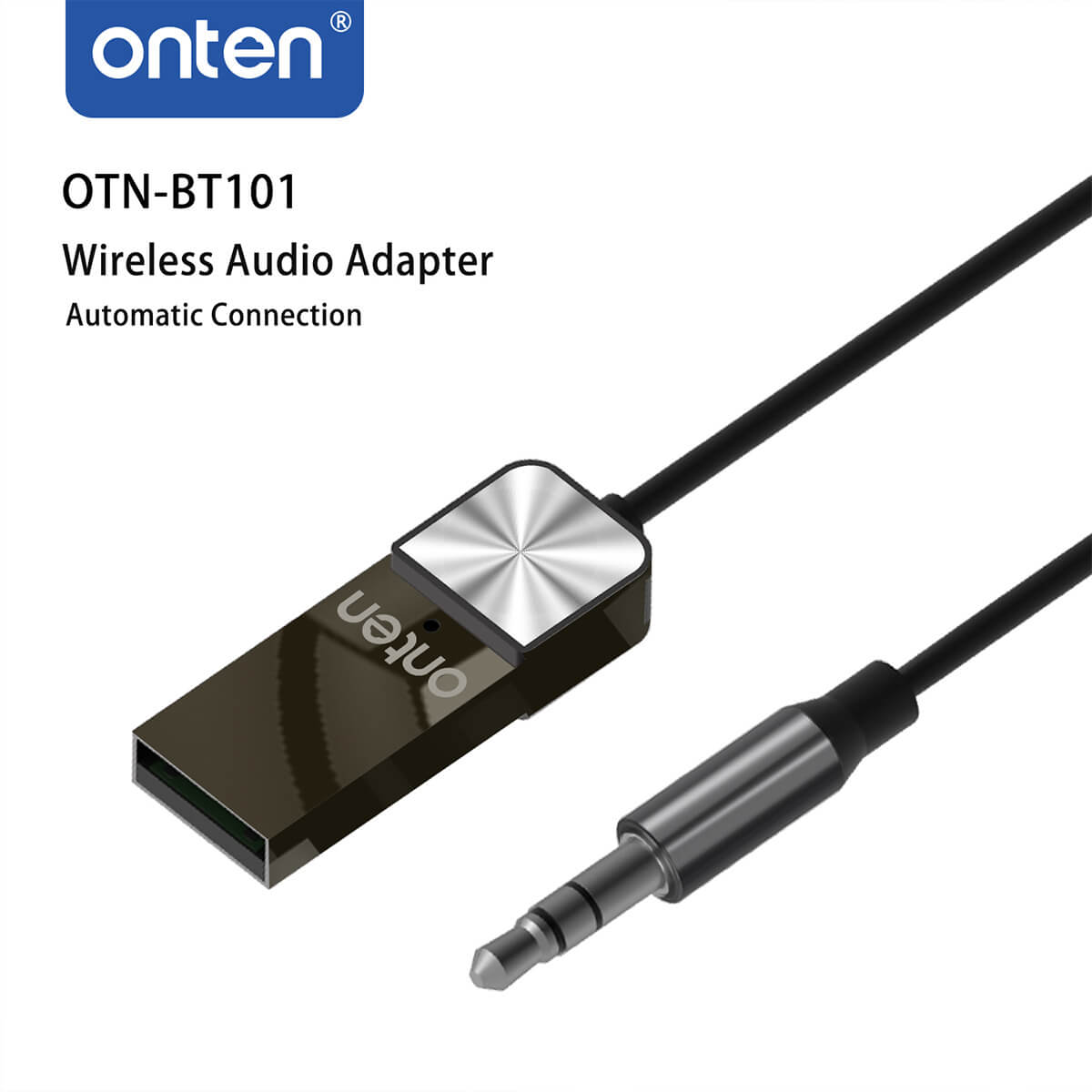 Close-up of Onten BT101 Wireless Audio Adapter featuring a sleek black design with a 3.5mm jack. Ideal for wireless music streaming and hands-free calls.