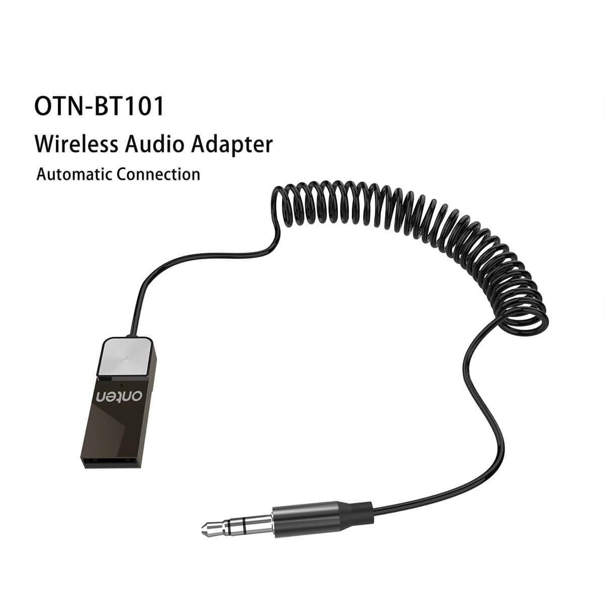 Onten BT101 Wireless Audio Adapter with coiled cable and 3.5mm jack for seamless Bluetooth audio streaming. Compact USB adapter for hands-free calls.