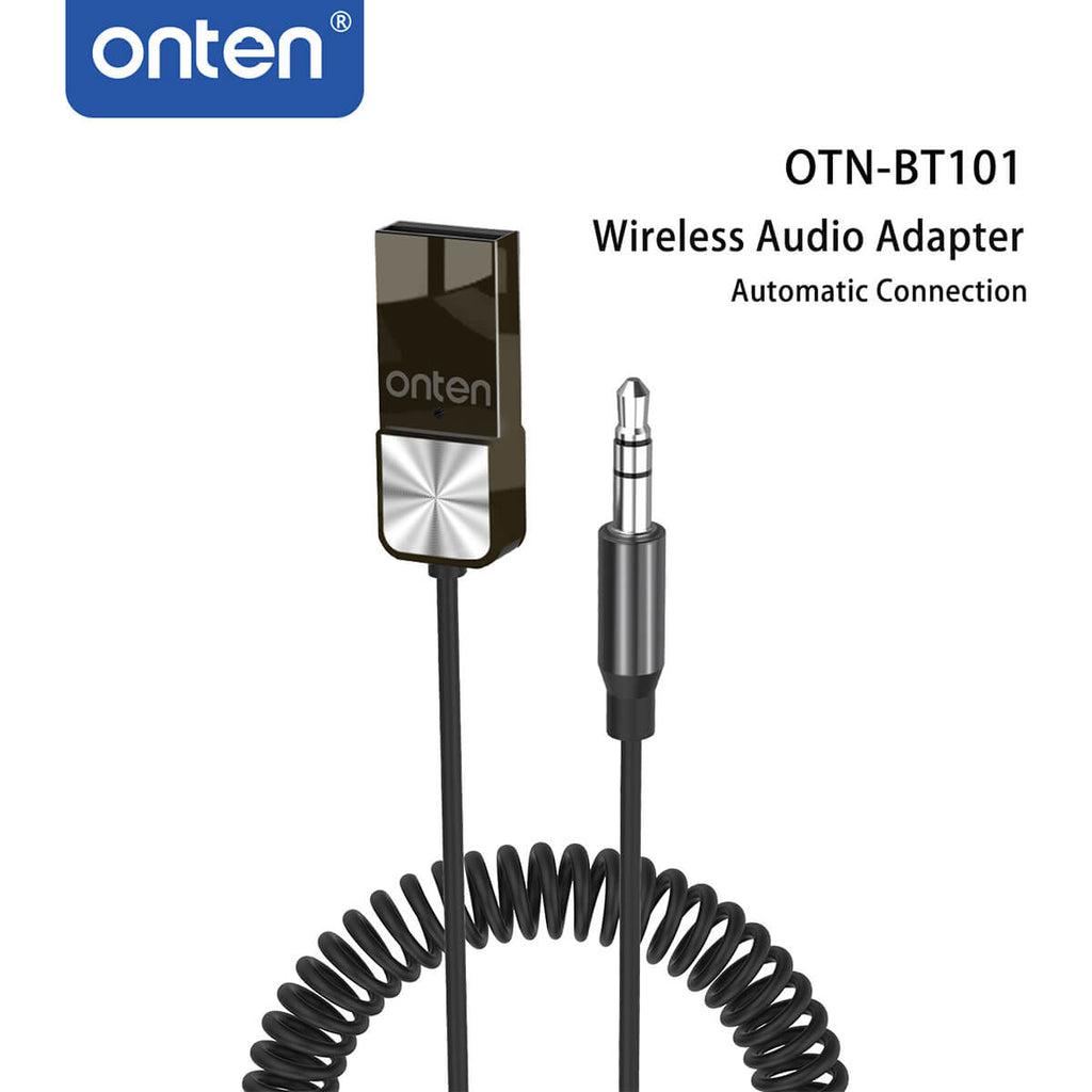 Onten BT101 Wireless Audio Adapter with automatic connection and coiled cable. Perfect for upgrading car or home audio systems with Bluetooth capability.