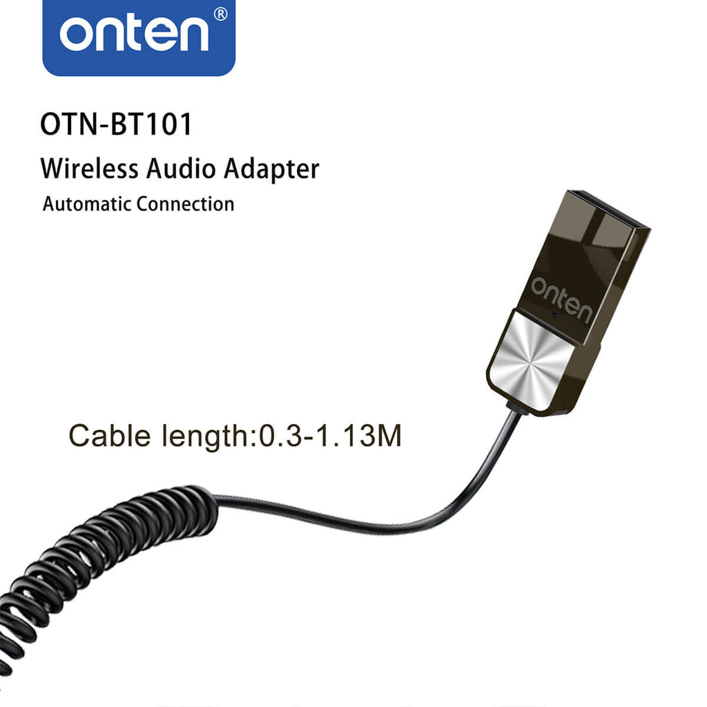 Onten BT101 Wireless Audio Adapter with a flexible coiled cable ranging from 0.3m to 1.13m. Designed for high-quality wireless audio transmission.