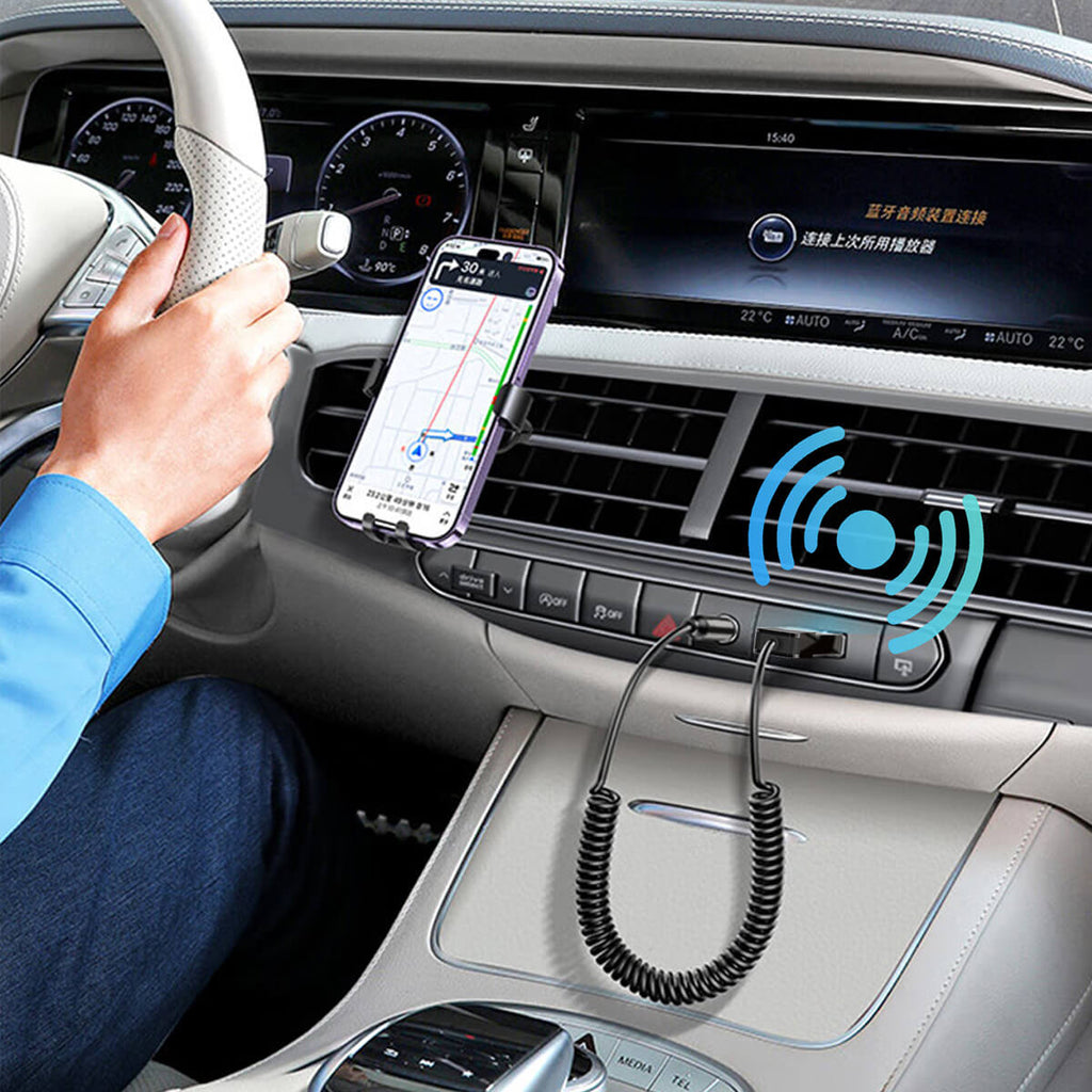 Onten BT101 Wireless Audio Adapter in use inside a car, enabling Bluetooth audio streaming. Enhances hands-free calling and music playback on the go.