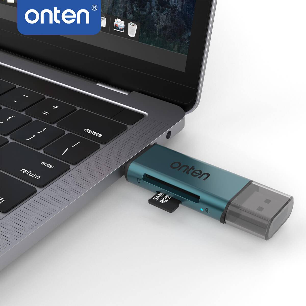 Onten CR532 USB 2 in 1 SD2.0/TF2.0 Card Reader plugged into a laptop. Compact and portable design for convenient data transfer between devices.