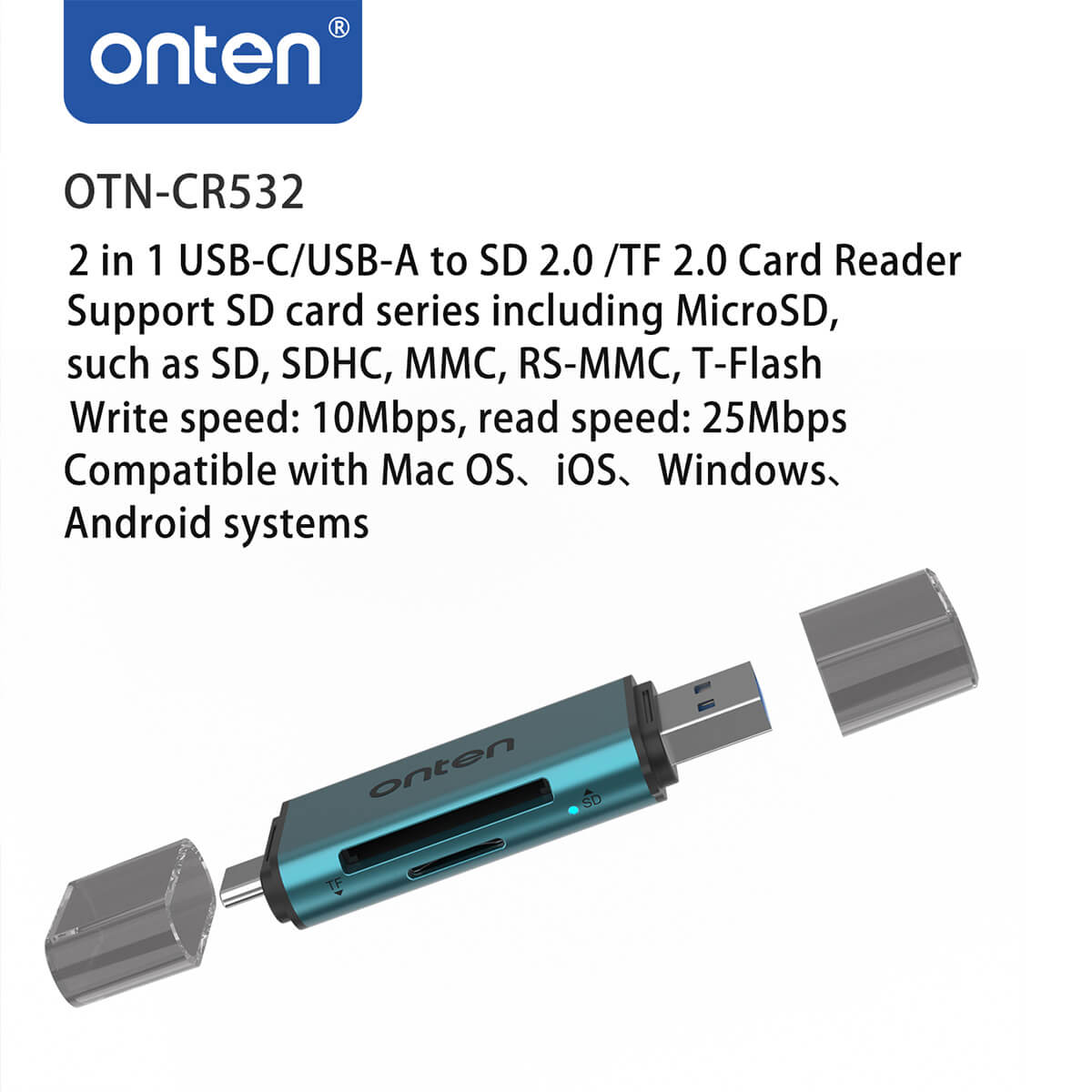 Onten CR532 USB 2 in 1 SD2.0/TF2.0 Card Reader supporting SD, SDHC, MMC, RS-MMC, and T-Flash cards. Compatible with Mac, Windows, and Android devices.