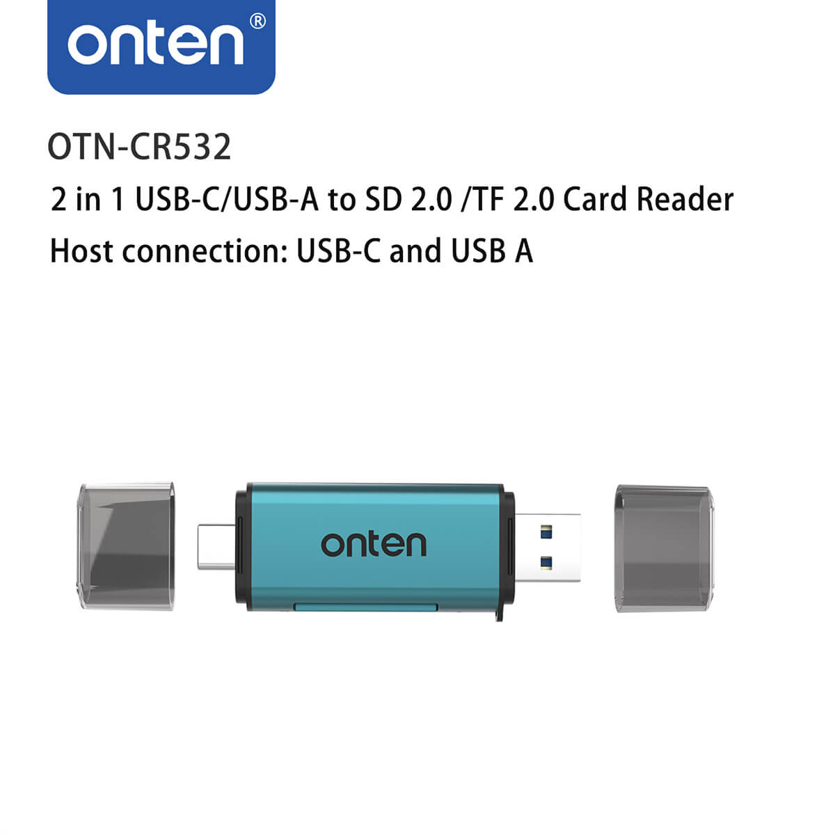 Onten CR532 USB 2 in 1 SD2.0/TF2.0 Card Reader featuring USB-C and USB-A connectivity. Ideal for reading and writing SD and MicroSD cards efficiently.