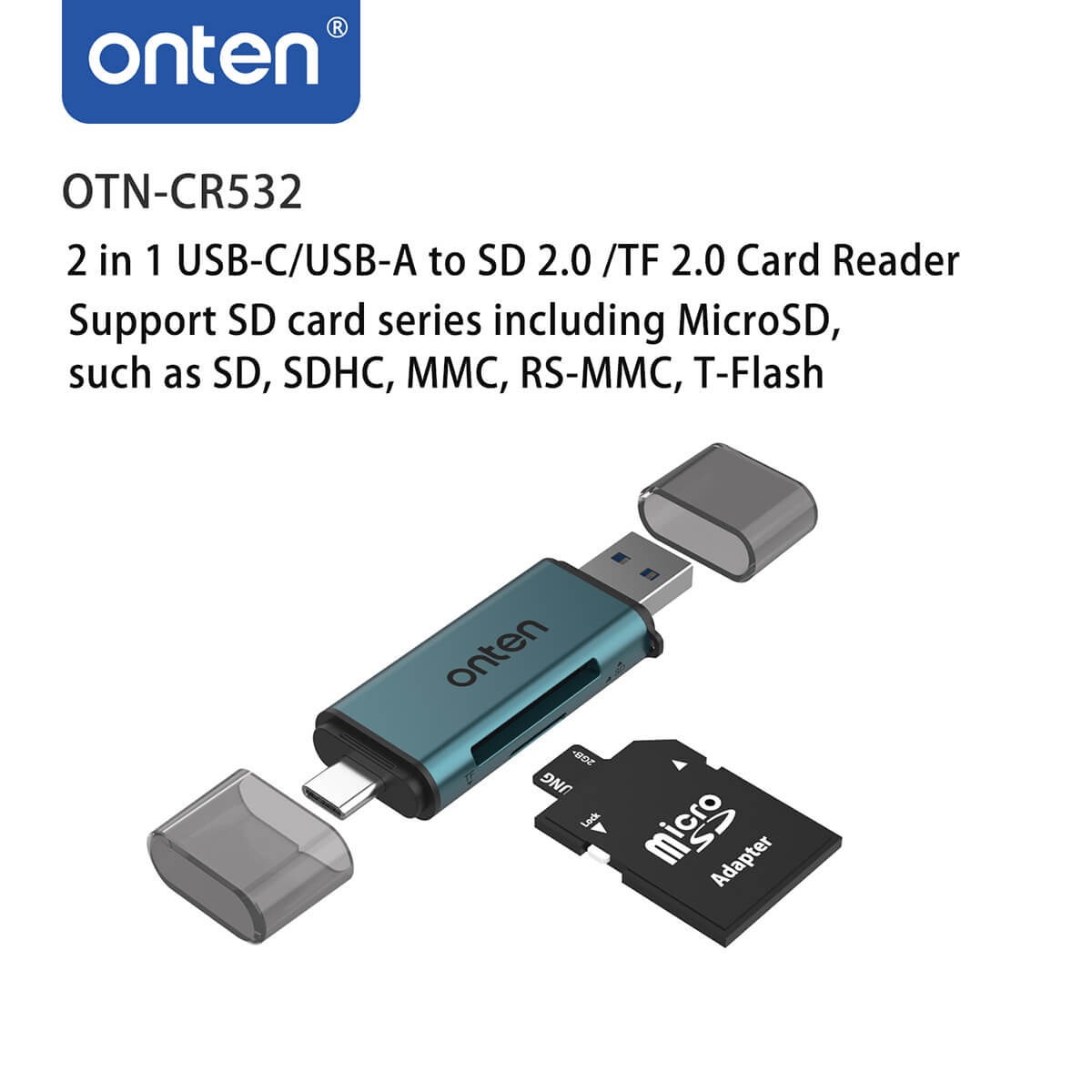 Onten CR532 USB 2 in 1 SD2.0/TF2.0 Card Reader with MicroSD card inserted. Supports multiple SD card formats for seamless data transfer.