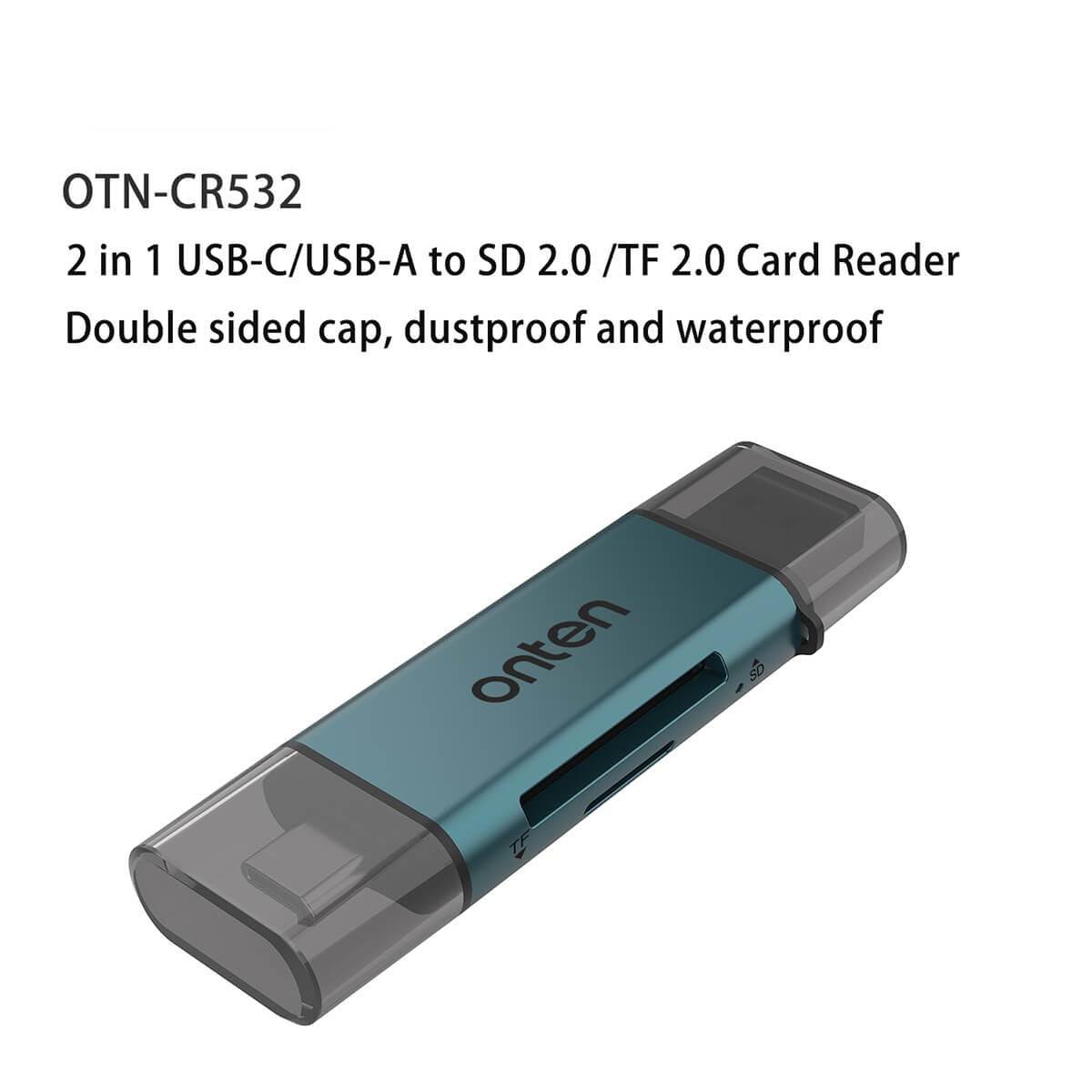 Onten CR532 USB 2 in 1 SD2.0/TF2.0 Card Reader with dual USB-C and USB-A connectors. Compact, waterproof, and dustproof design for efficient data transfer.