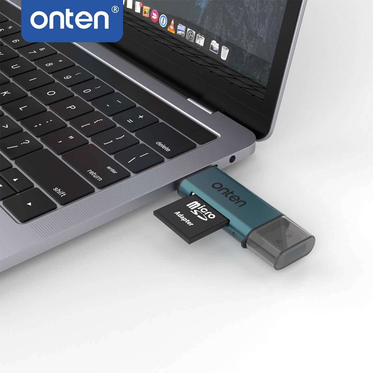 Onten CR532 USB 2 in 1 SD2.0/TF2.0 Card Reader connected to a laptop. Reads and writes SD and MicroSD cards efficiently for seamless data transfer.