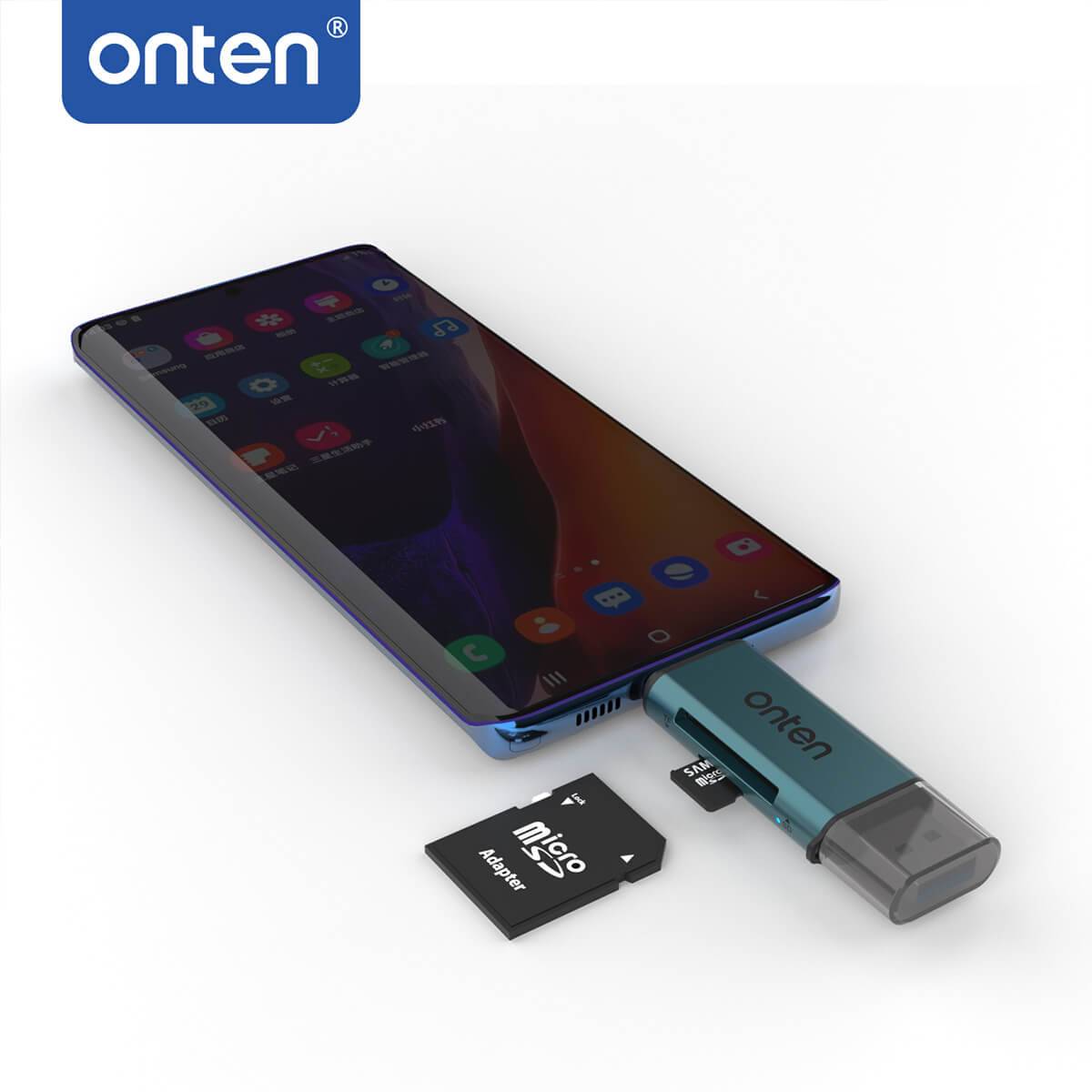 Onten CR532 USB 2 in 1 SD2.0/TF2.0 Card Reader connected to a smartphone. Supports MicroSD and SD cards for easy file access on mobile devices.