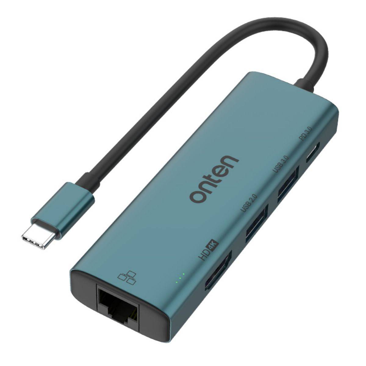 Onten UC125 5 in 1 USB-C to HDMI Docking Station with multiple ports including HDMI 4K, USB 3.0, USB 2.0, Ethernet, and PD 3.0 for enhanced connectivity.