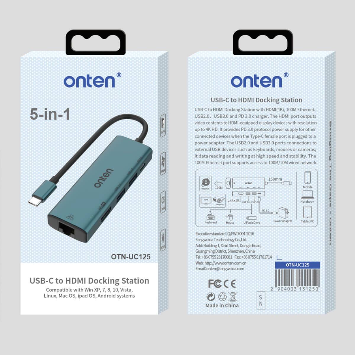 Retail packaging of Onten UC125 5 in 1 USB-C to HDMI Docking Station, detailing product features, specifications, and compatibility with multiple operating systems.