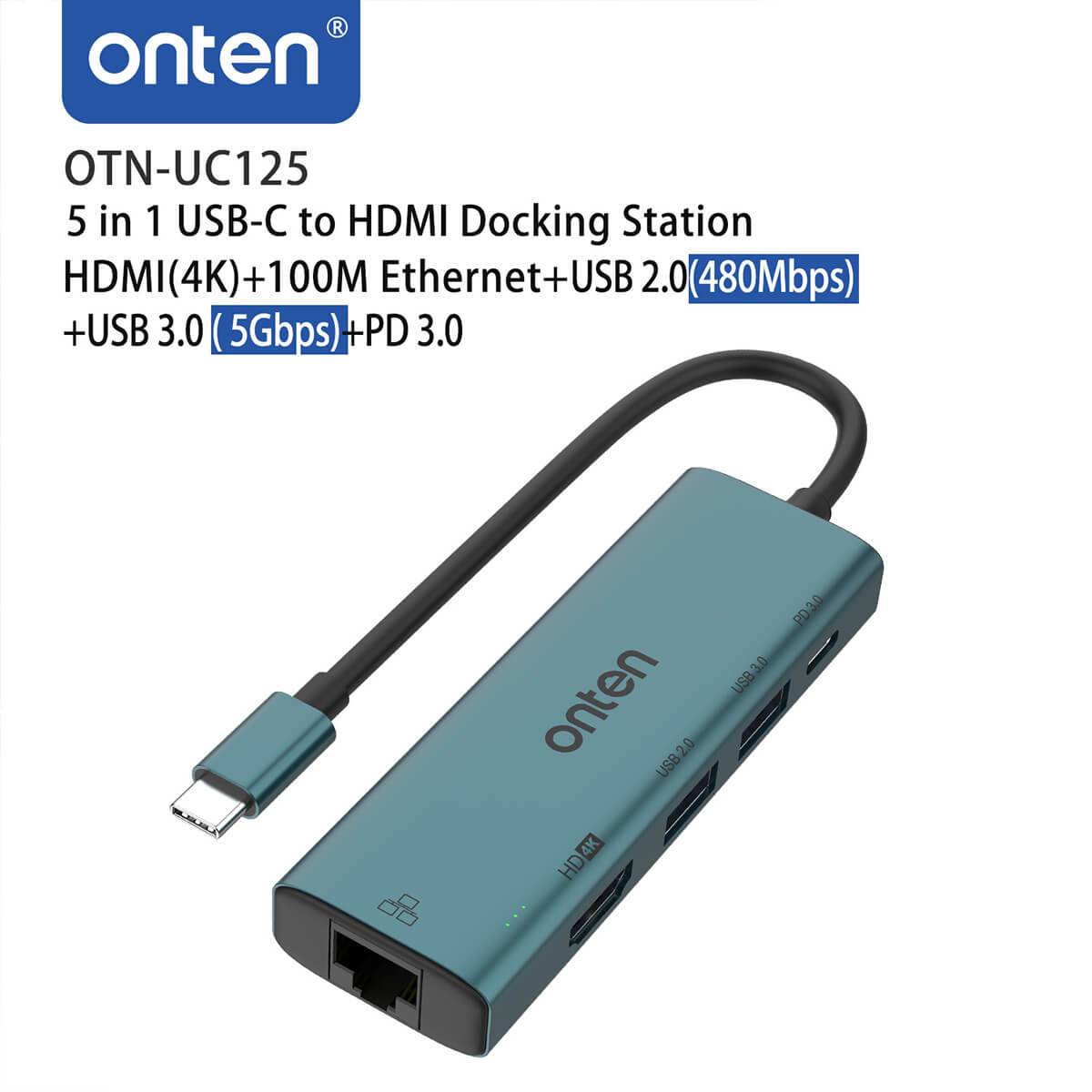 Onten UC125 5 in 1 USB-C to HDMI Docking Station featuring HDMI 4K, 100M Ethernet, USB 2.0 (480Mbps), USB 3.0 (5Gbps), and PD 3.0 for versatile device compatibility.