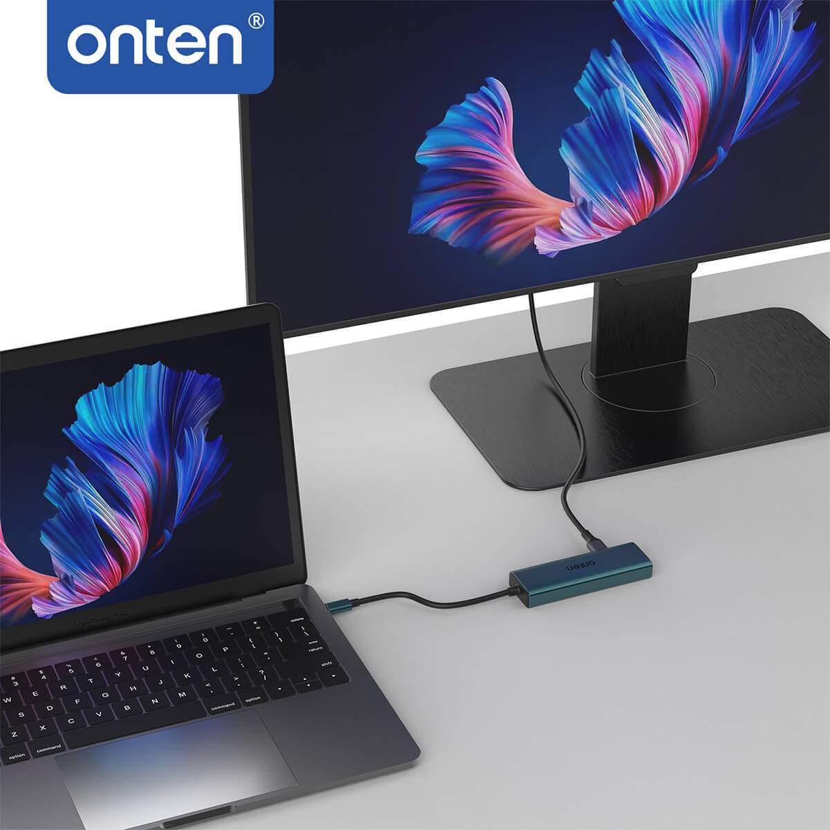 Onten UC125 5 in 1 USB-C to HDMI Docking Station in use, connecting a laptop to an external monitor for high-resolution display and seamless multitasking.