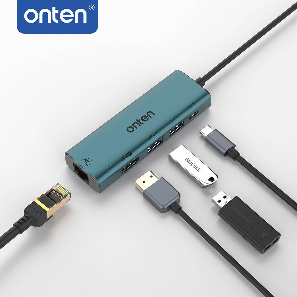 Onten UC125 5 in 1 USB-C to HDMI Docking Station connected to various devices, demonstrating its compatibility with USB drives, Ethernet cables, and more.