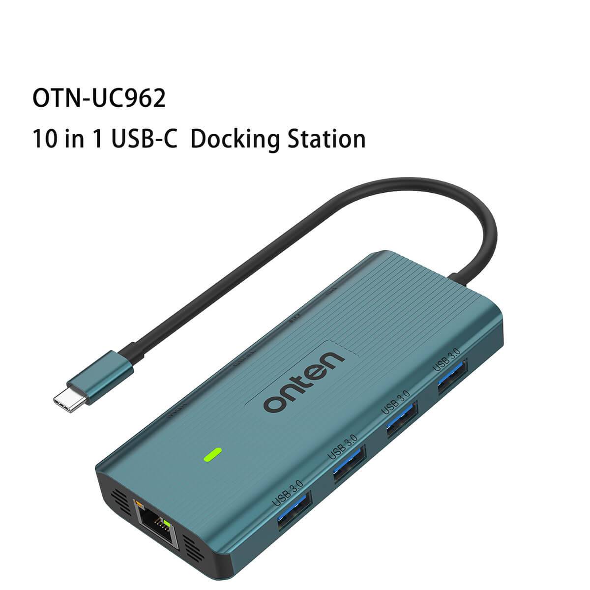 Onten UC962 10 in 1 USB-C Multi-Function Docking Station with multiple ports, including USB 3.0, HDMI, Ethernet, and SD card slots for versatile connectivity.