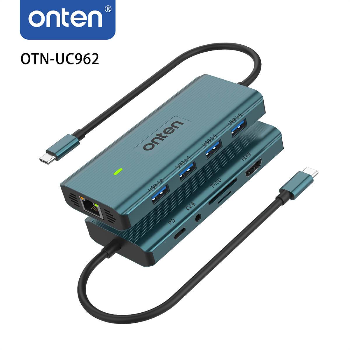 Dual-angle view of the Onten UC962 USB-C Docking Station, displaying its sleek design and multiple ports for seamless connectivity with various devices.