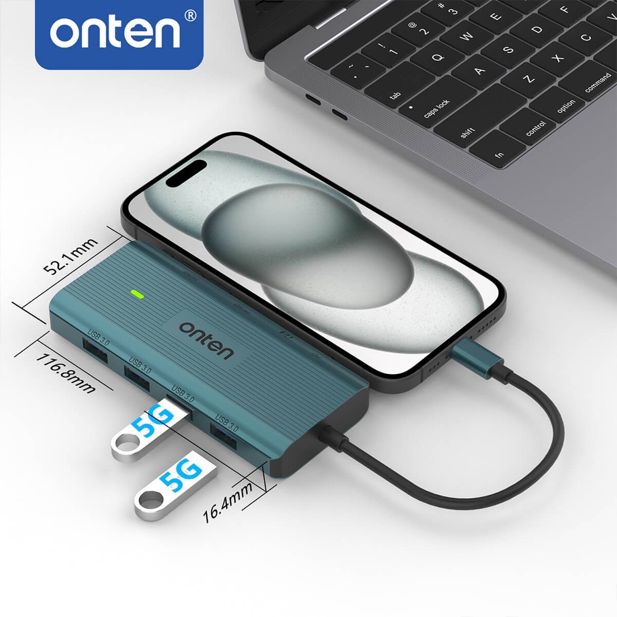 Onten UC962 USB-C Docking Station connected to a laptop and smartphone, demonstrating its compact design and multiple connectivity options for efficient multitasking.