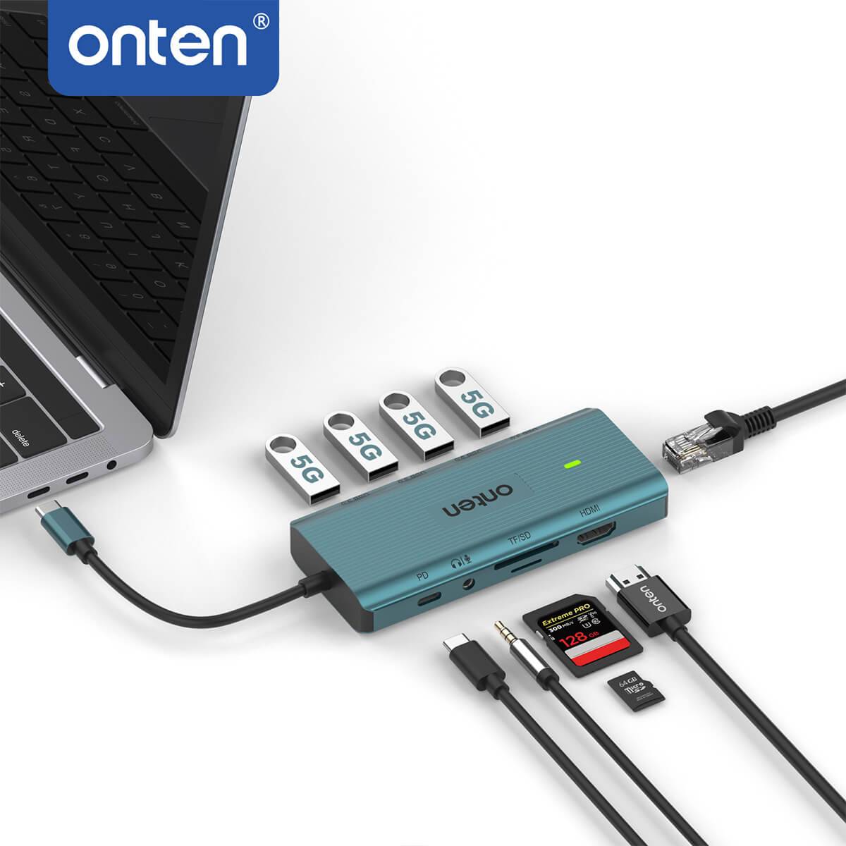 Onten UC962 10 in 1 USB-C Docking Station in use, connected to a laptop with multiple USB drives, Ethernet, and SD cards, highlighting its multifunctional capabilities.