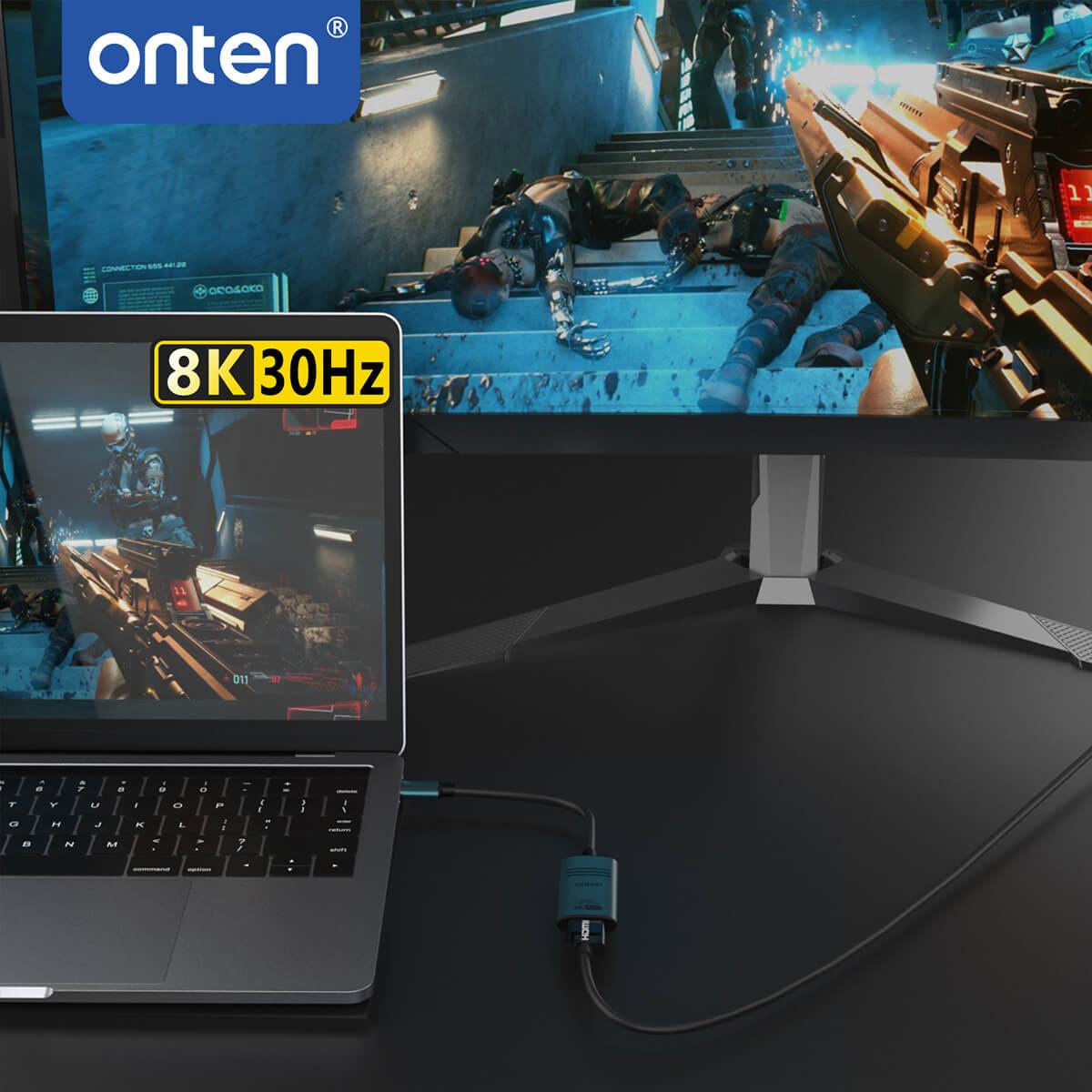 Onten UC981 USB-C to HDMI Adapter in action, connecting a laptop to an 8K monitor for high-resolution gaming and professional display output.