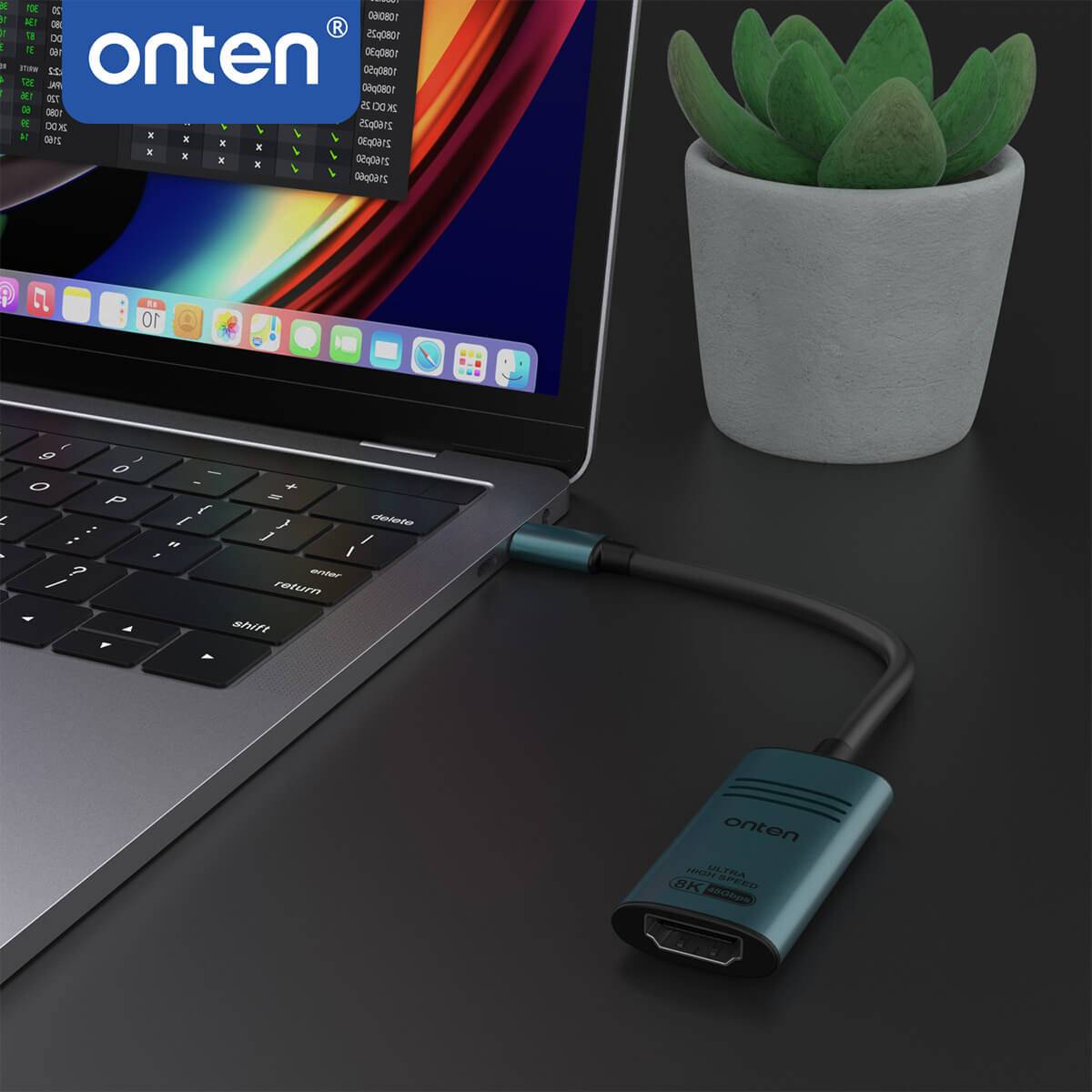 Onten UC981 USB-C to HDMI Adapter connected to a MacBook, delivering ultra-high-speed 8K 30Hz video output for professional and entertainment use.