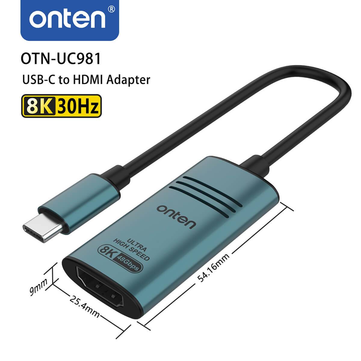 Onten UC981 USB-C to HDMI Adapter with precise dimensions, highlighting its compact size and 8K 30Hz resolution support for high-quality visuals.