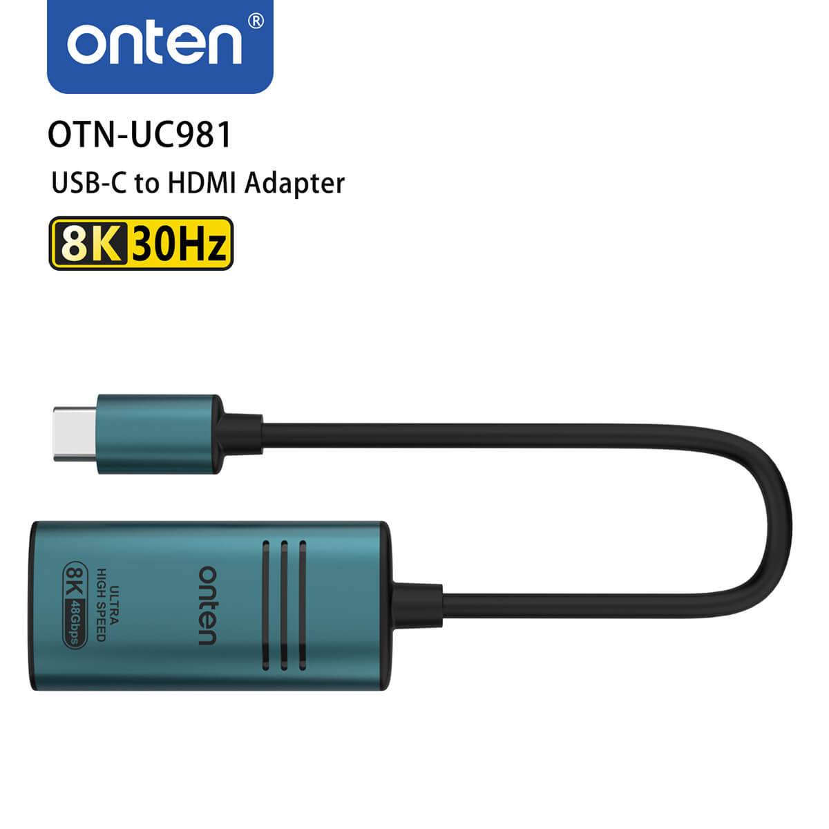 Side view of Onten UC981 USB-C to HDMI Adapter, showcasing its compact and durable design with 8K 30Hz ultra-high-speed transmission support.