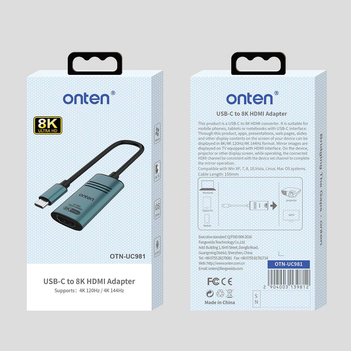 Retail packaging of Onten UC981 USB-C to HDMI Adapter, featuring product details, specifications, and 8K 30Hz resolution support for high-quality visuals.
