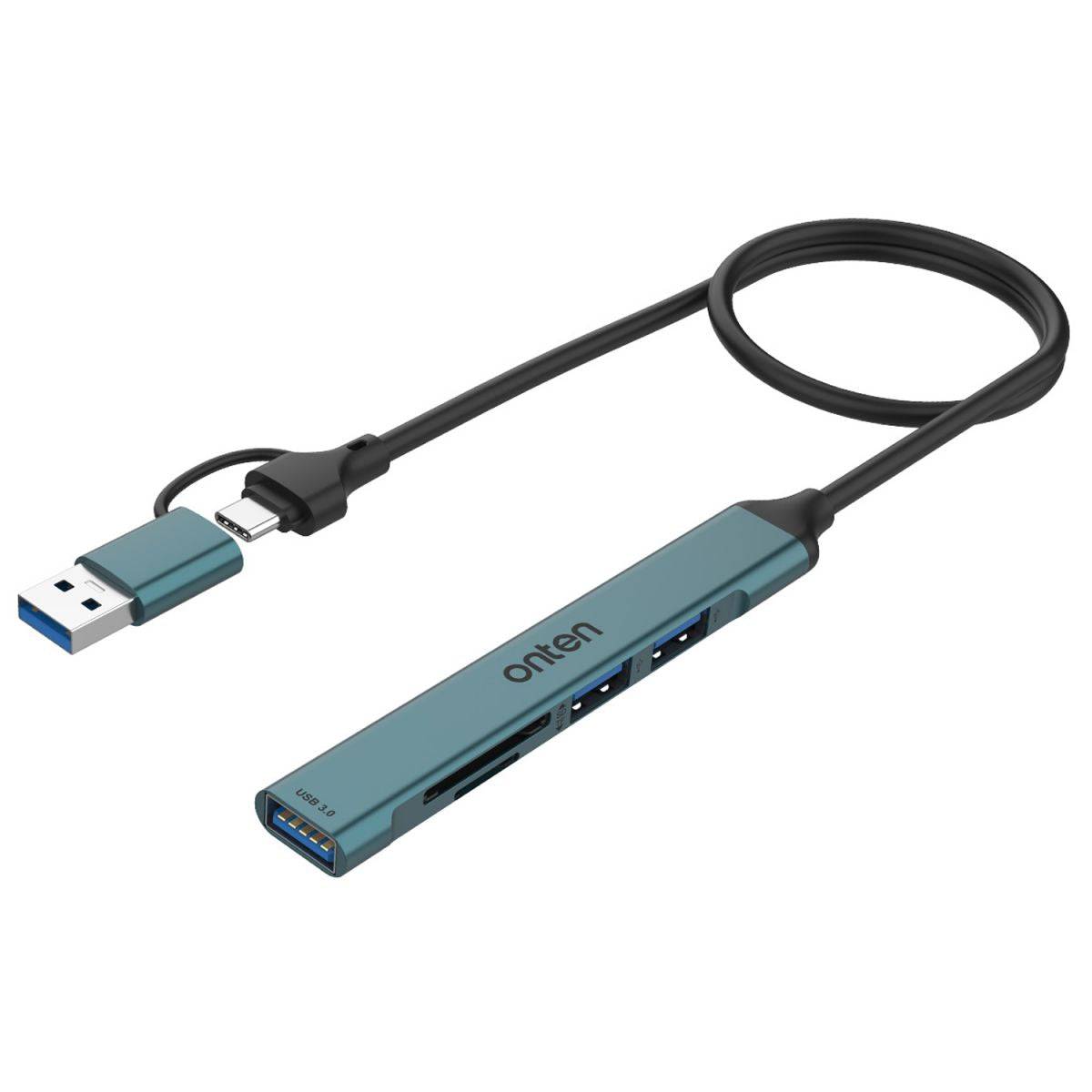 Onten UCA9705 5 in 2 USB-C/USB 3.0 Card Reader with 3-Port HUB featuring a slim design, USB-A and USB-C connectors, and multiple ports for enhanced connectivity.
