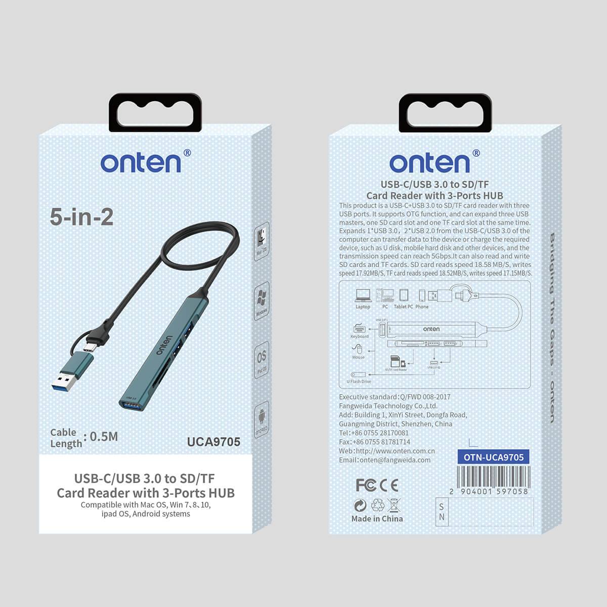 Retail packaging of Onten UCA9705 5 in 2 USB-C/USB 3.0 Card Reader with 3-Port HUB, displaying product specifications and features.