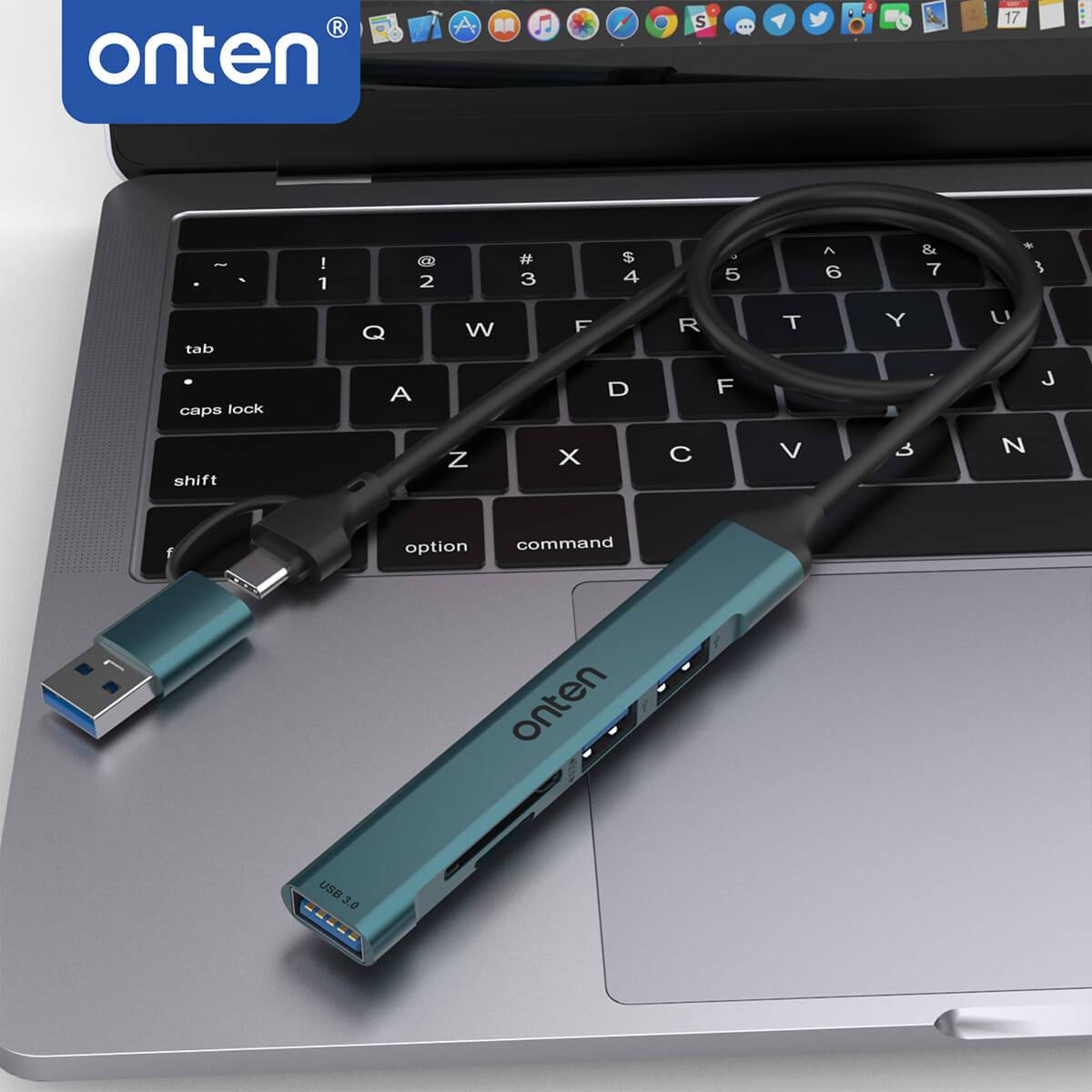 Close-up of Onten UCA9705 5 in 2 USB-C/USB 3.0 Card Reader with 3-Port HUB plugged into a laptop, showcasing its sleek metallic finish.