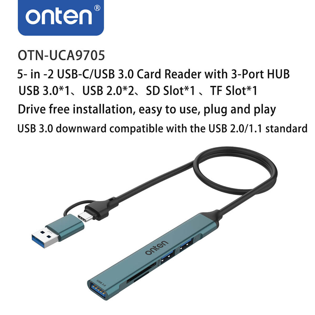 Onten UCA9705 5 in 2 USB-C/USB 3.0 Card Reader with 3-Port HUB - Hugmie