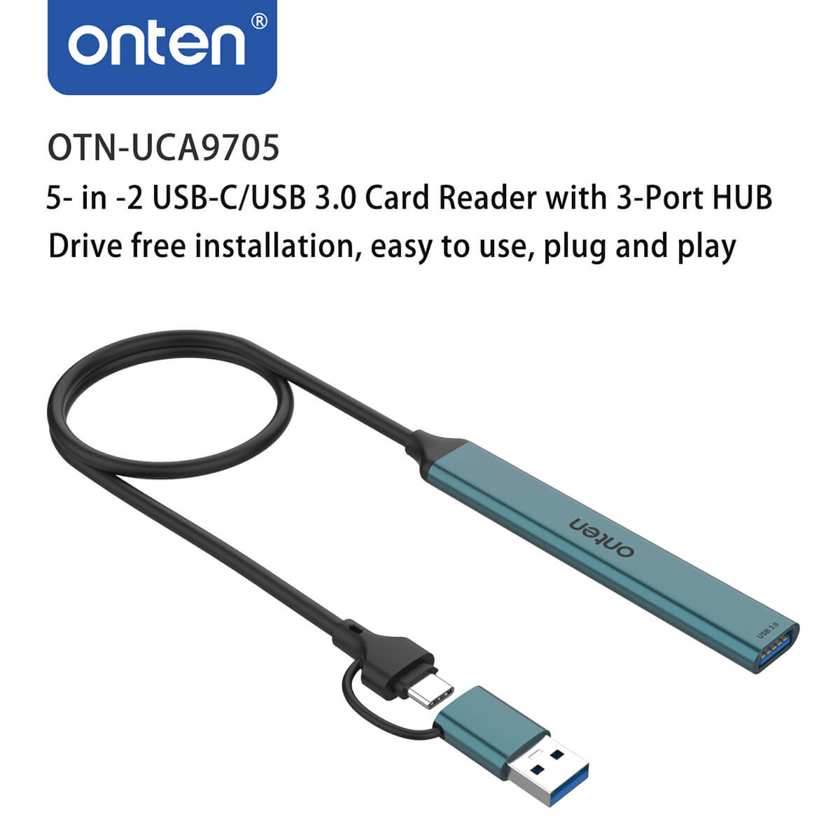 Compact and portable Onten UCA9705 5 in 2 USB-C/USB 3.0 Card Reader with 3-Port HUB, offering plug-and-play functionality for easy use.
