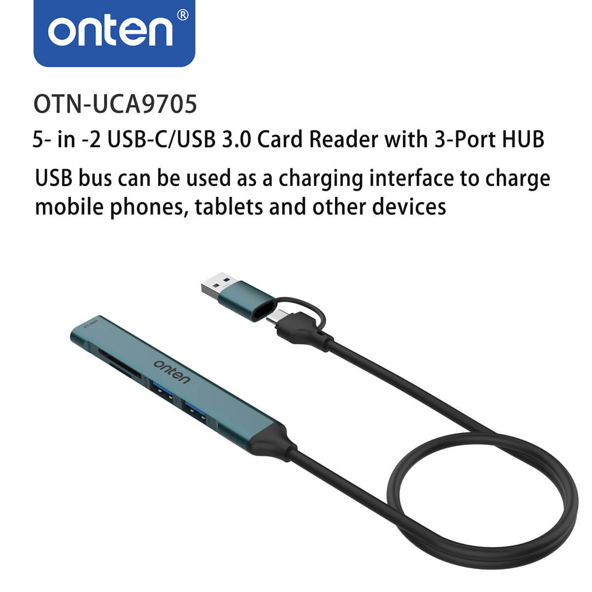 Onten UCA9705 5 in 2 USB-C/USB 3.0 Card Reader with 3-Port HUB, designed for charging mobile phones, tablets, and other devices via USB bus.