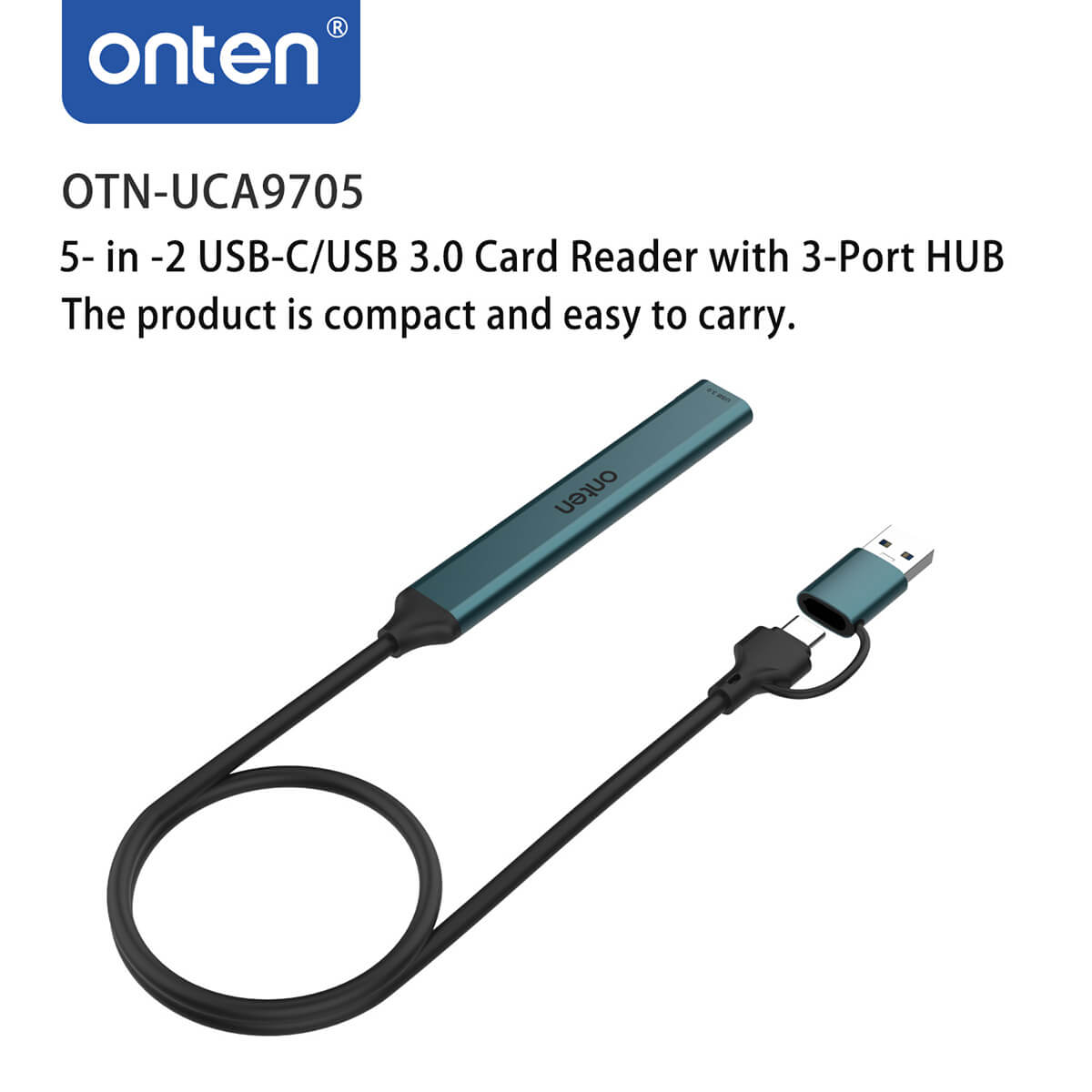 Lightweight and easy-to-carry Onten UCA9705 5 in 2 USB-C/USB 3.0 Card Reader with 3-Port HUB, ideal for travel and daily use.