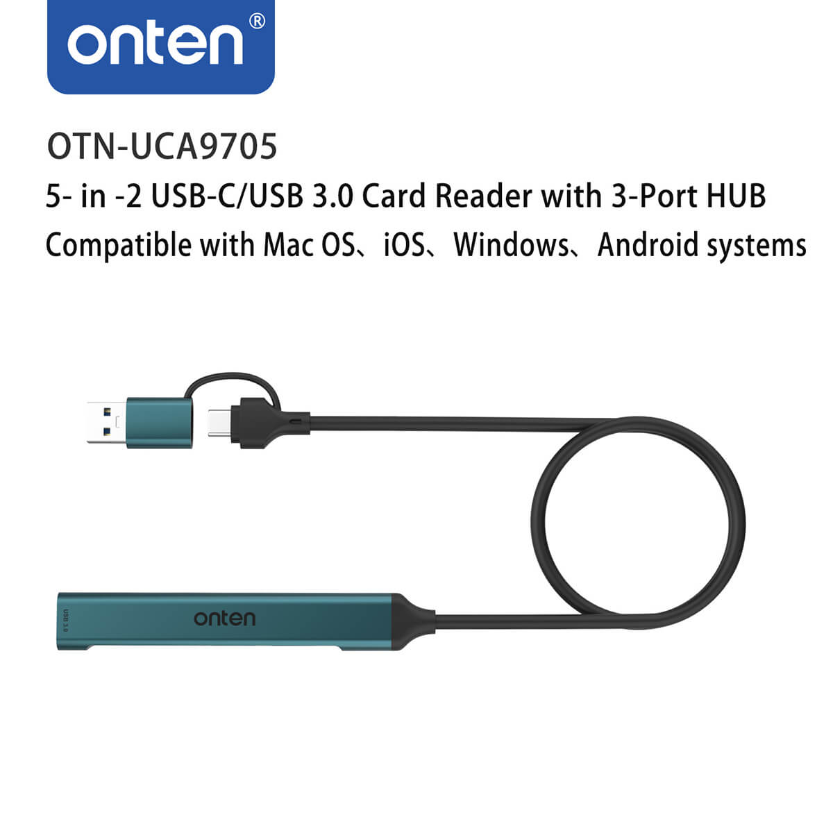 Onten UCA9705 5 in 2 USB-C/USB 3.0 Card Reader with 3-Port HUB, compatible with Mac OS, iOS, Windows, and Android devices for versatile use.