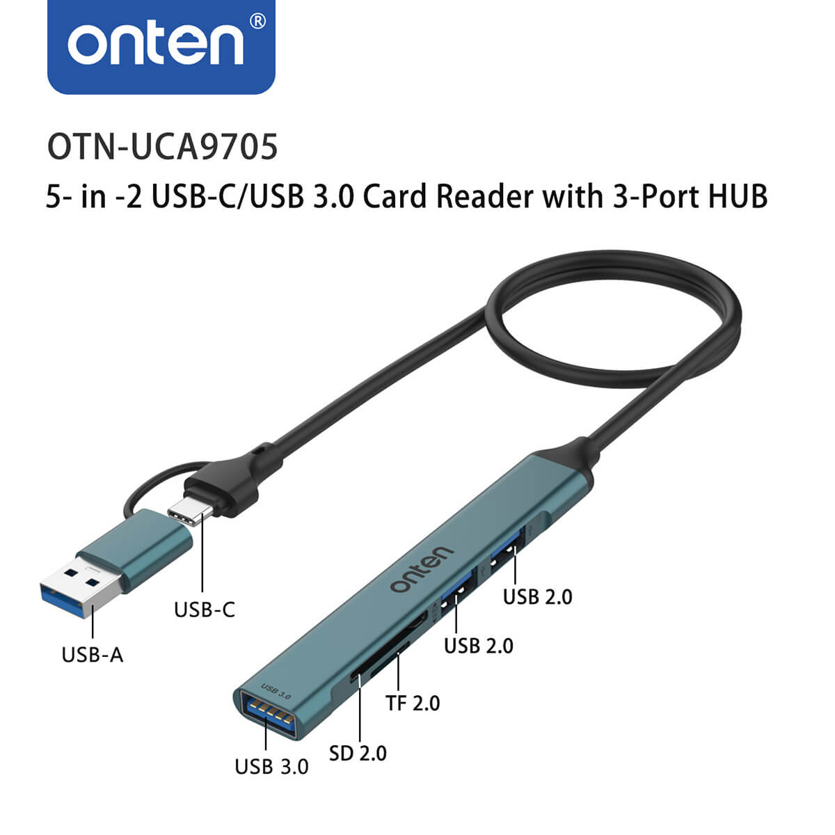 Detailed view of Onten UCA9705 5 in 2 USB-C/USB 3.0 Card Reader with 3-Port HUB, highlighting USB-A, USB-C, SD, and TF card slots for expanded connectivity.