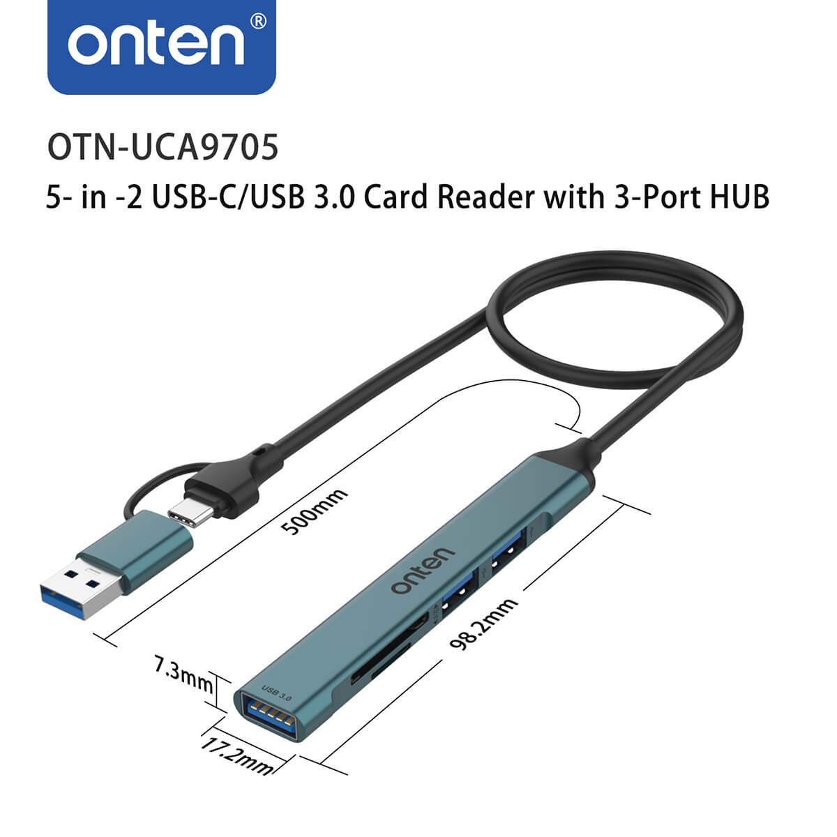 Onten UCA9705 5 in 2 USB-C/USB 3.0 Card Reader with 3-Port HUB, featuring precise dimensions for a sleek and compact design.