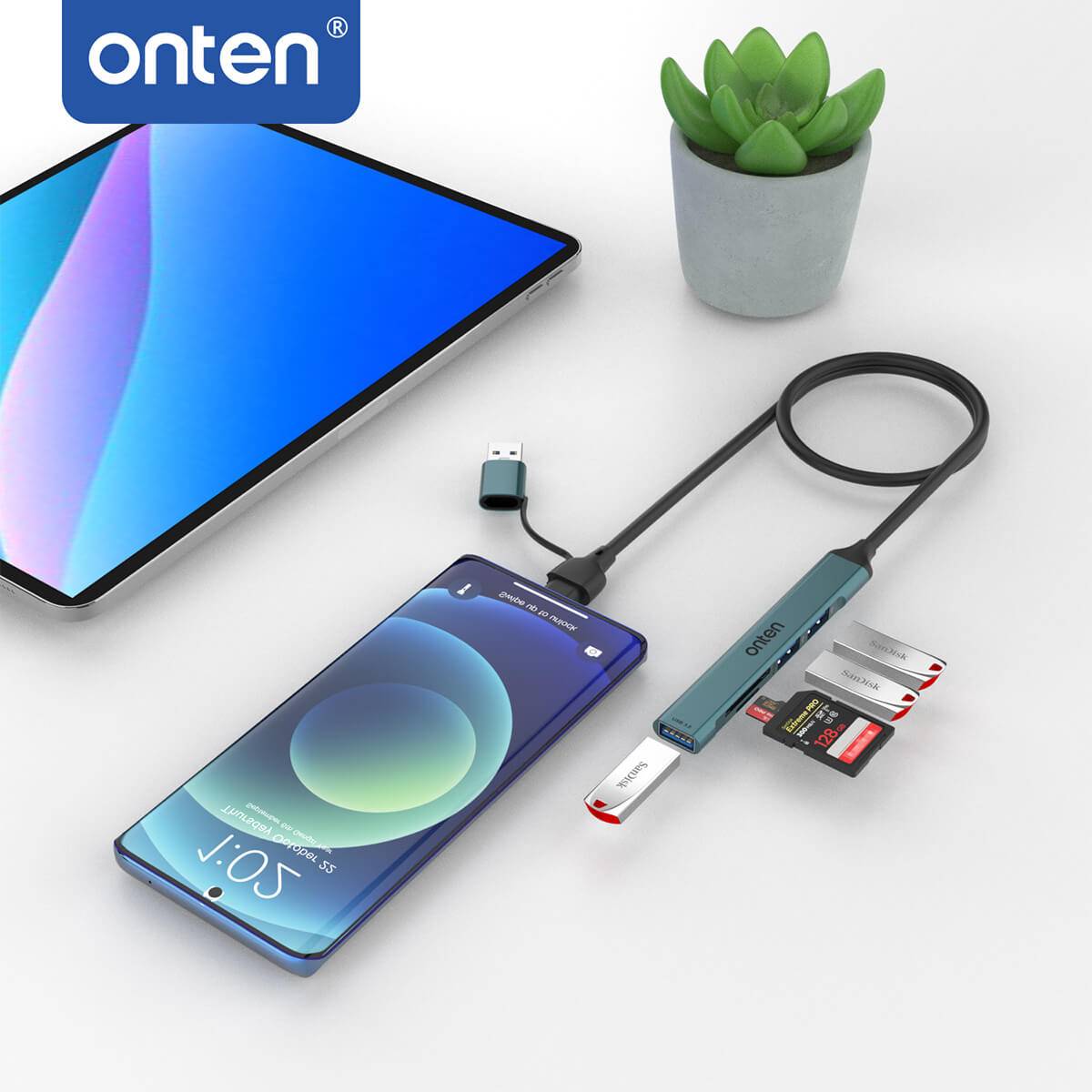 Onten UCA9705 5 in 2 USB-C/USB 3.0 Card Reader with 3-Port HUB connected to a tablet and smartphone, demonstrating multi-device compatibility.