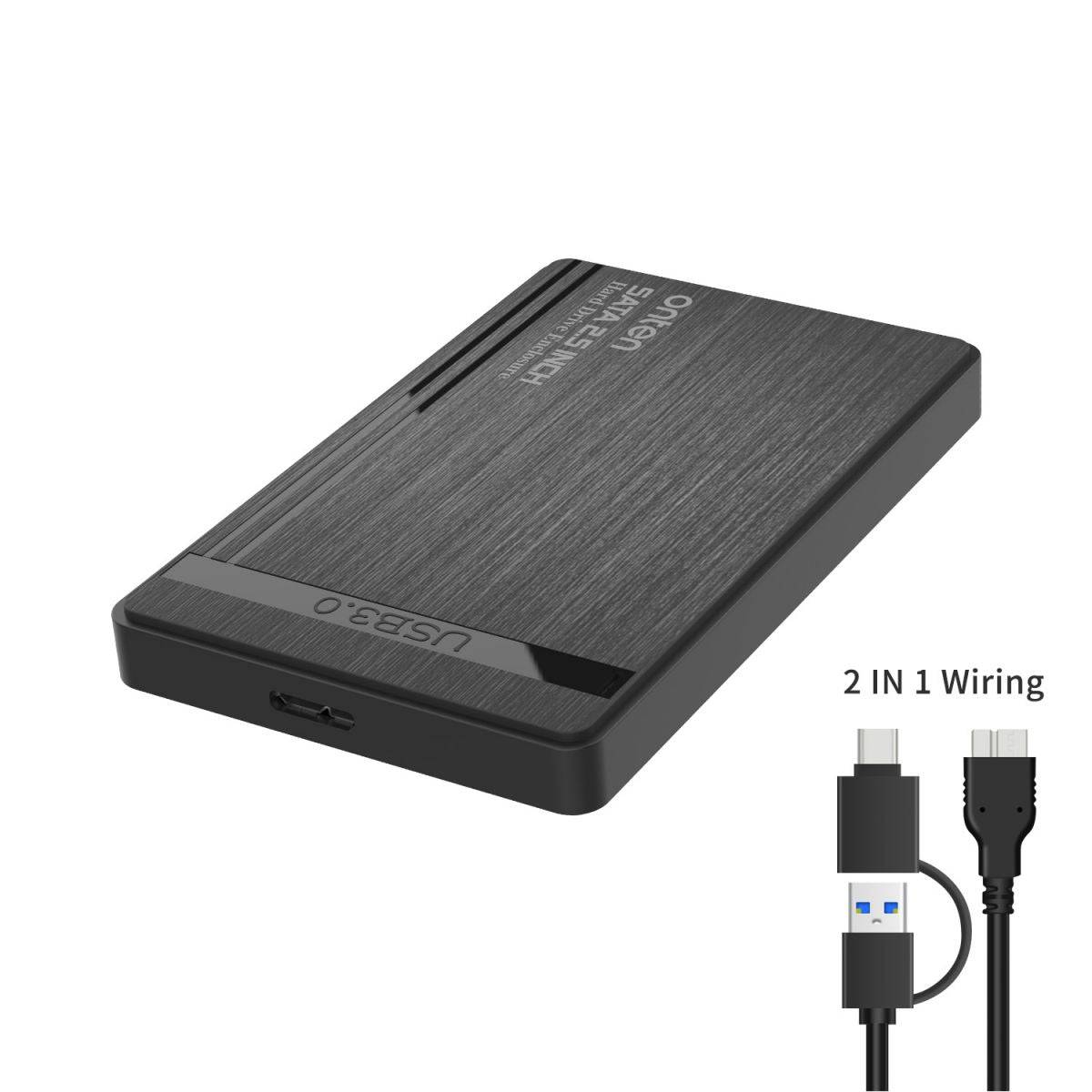 Onten UHD1 2.5 inch external hard drive box with a sleek black design and USB 3.0 interface. Includes a 2-in-1 cable for USB-C and USB-A connectivity.