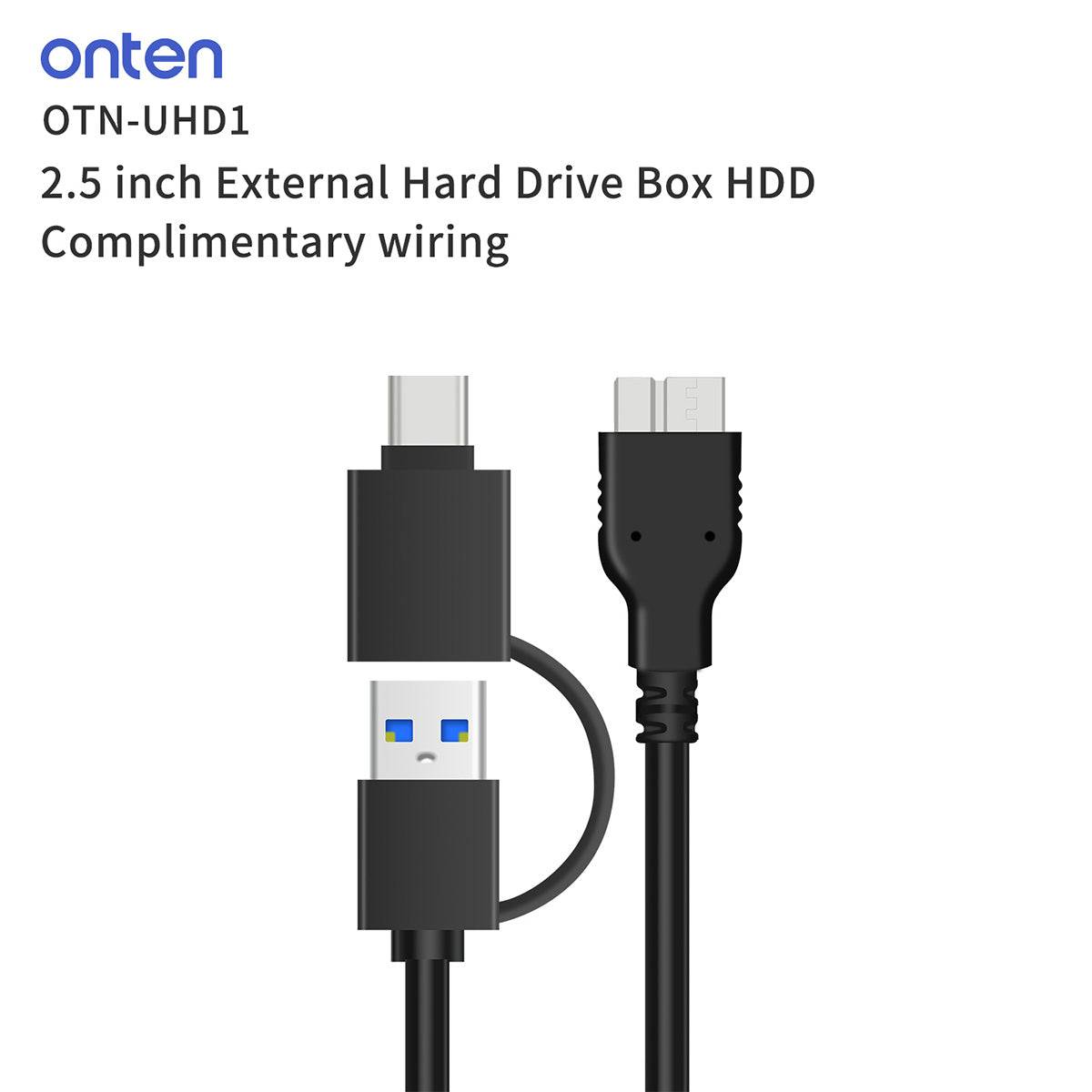 Close-up of the Onten UHD1 2-in-1 USB cable with USB-C and USB-A connectors. Ensures compatibility with multiple devices for seamless data transfer.