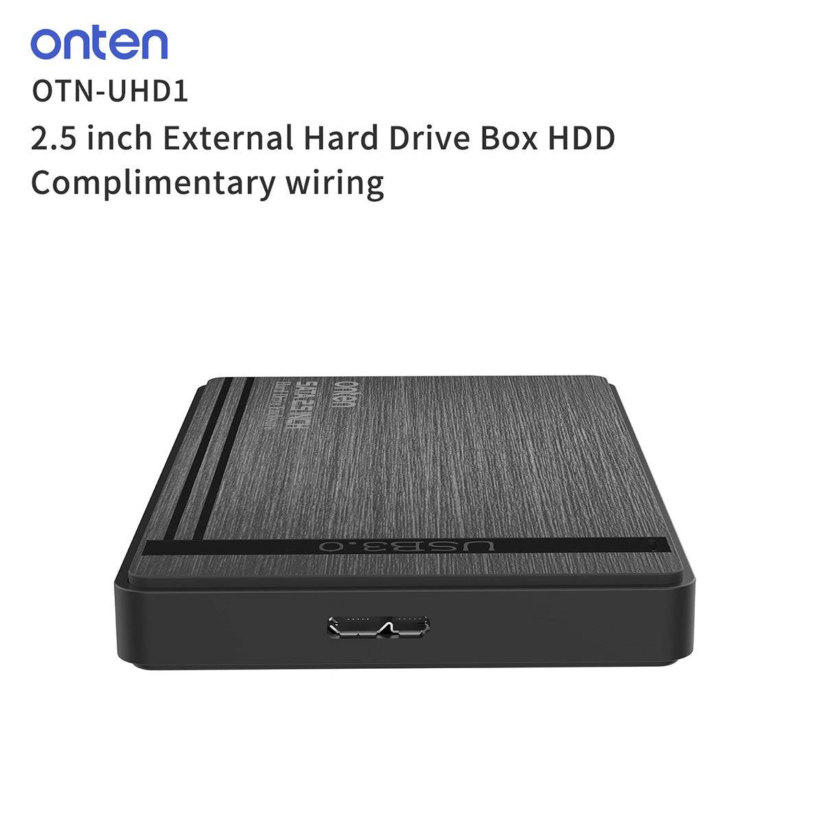 Compact Onten UHD1 2.5 inch external hard drive box with a USB 3.0 port. Designed for fast and secure data storage with a stylish black finish.
