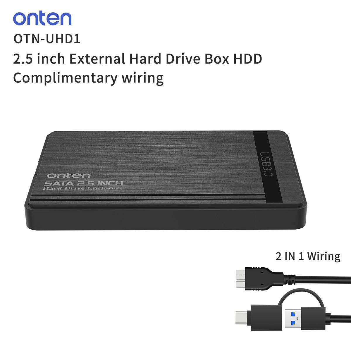 Onten UHD1 2.5 inch external hard drive enclosure featuring a durable black casing. Comes with a 2-in-1 USB cable for versatile data transfer options.