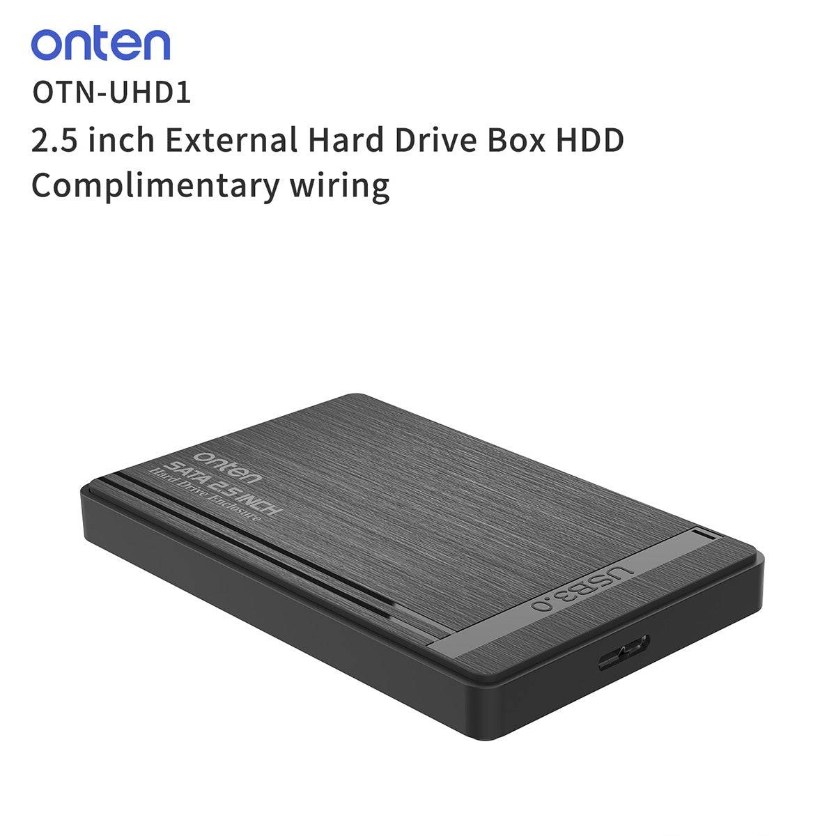 Angled view of the Onten UHD1 2.5 inch external hard drive box with a brushed black finish. Features USB 3.0 connectivity for high-speed data access.