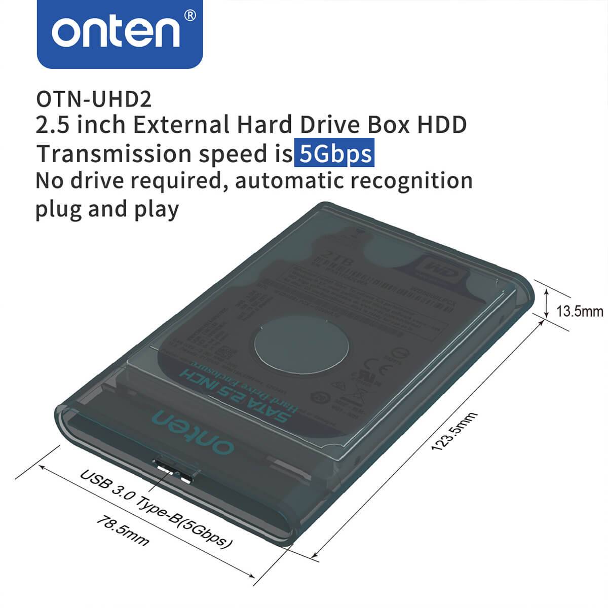 Onten UHD2 2.5 inch External Hard Drive Enclosure with dimensions. USB 3.0 interface supports 5Gbps transfer speed for fast data access.