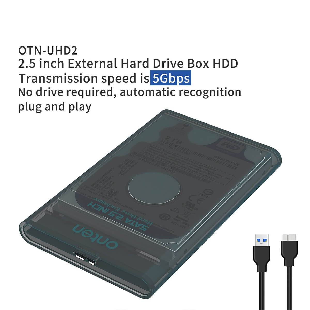 Onten UHD2 2.5 inch External Hard Drive Box with 5Gbps transfer speed. Transparent design, plug-and-play setup, and USB 3.0 connectivity.